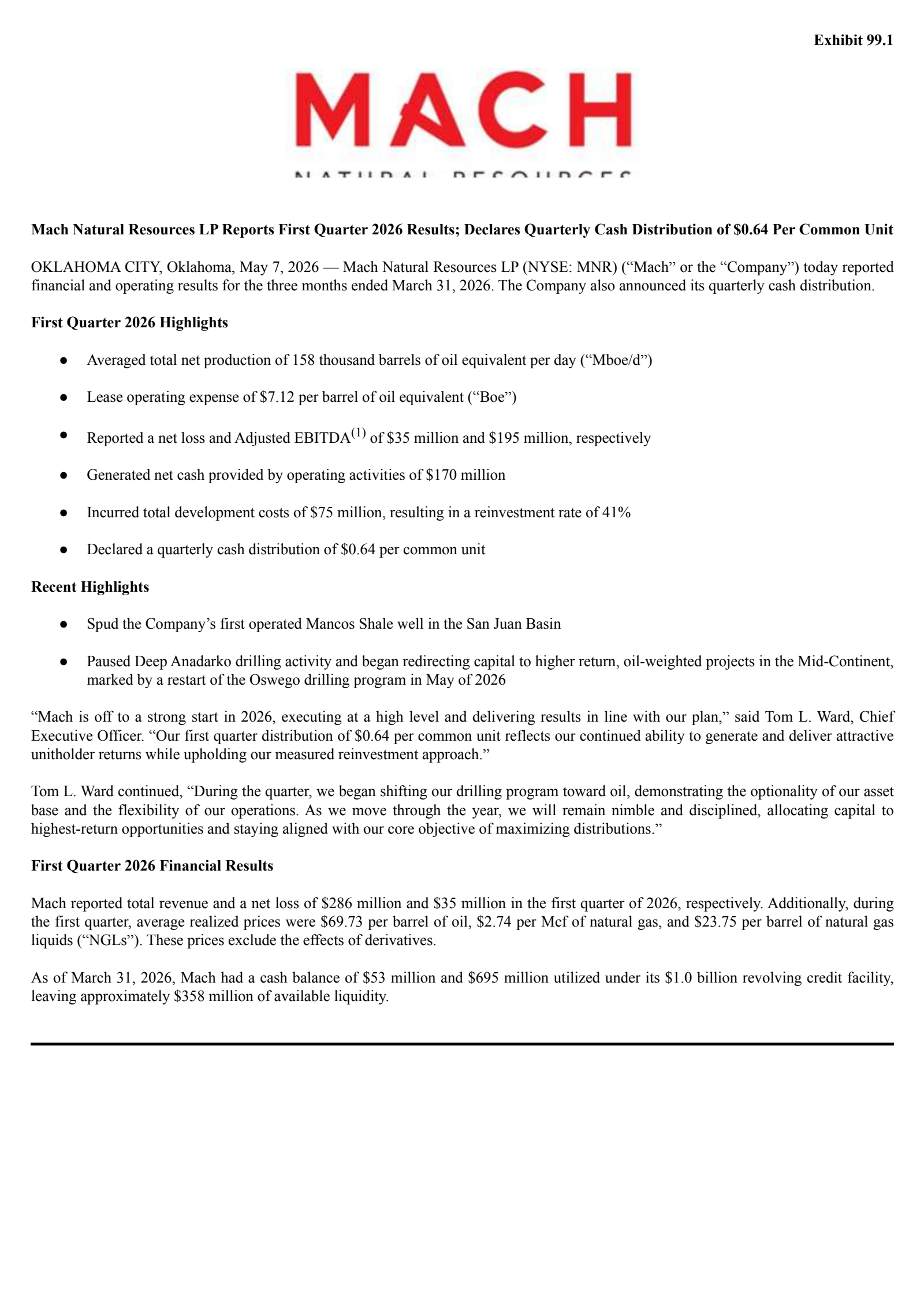 Mach Natural Resources' Q1 2026 Press Release