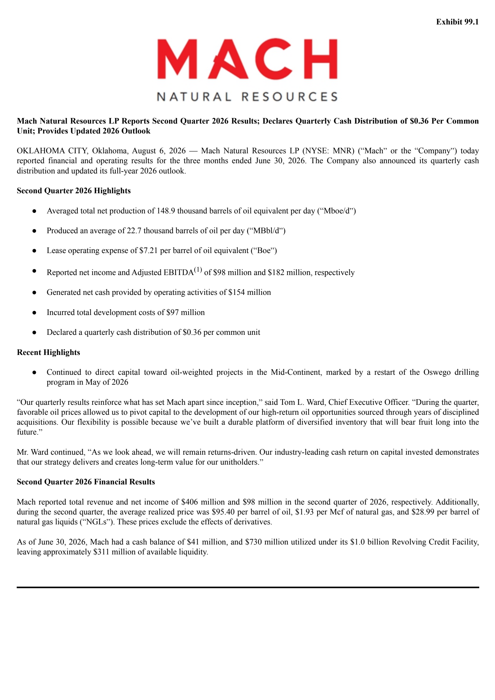 Mach Natural Resources' Q2 2026 Press Release
