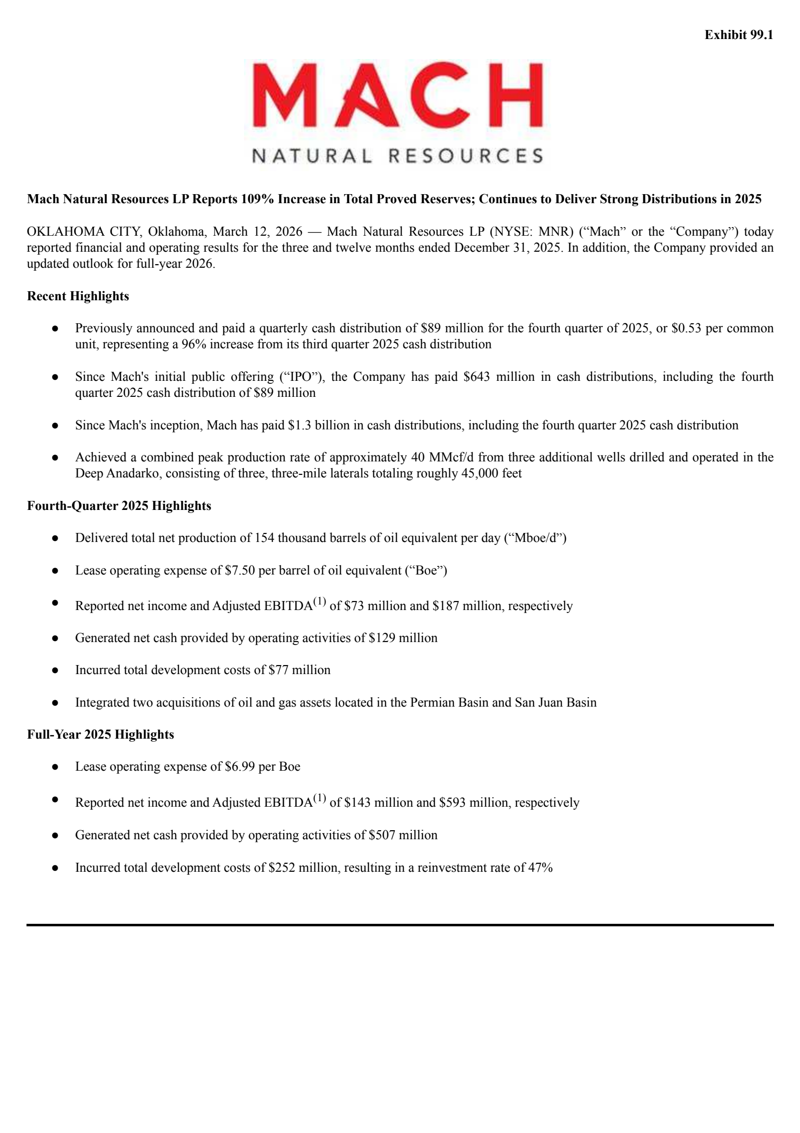 Mach Natural Resources' Q4 2025 Press Release