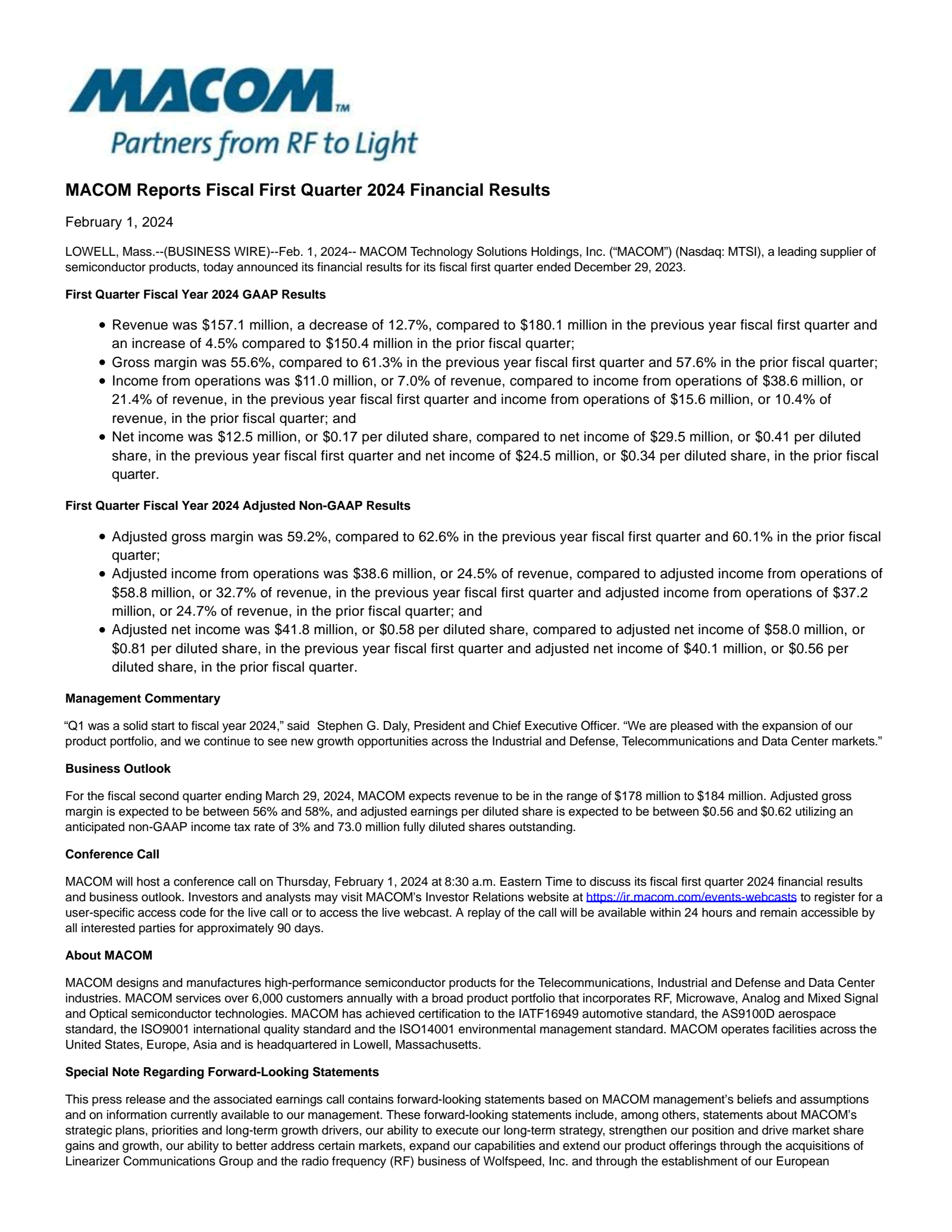MACOM Technology Solutions' Q1 2024 Press Release