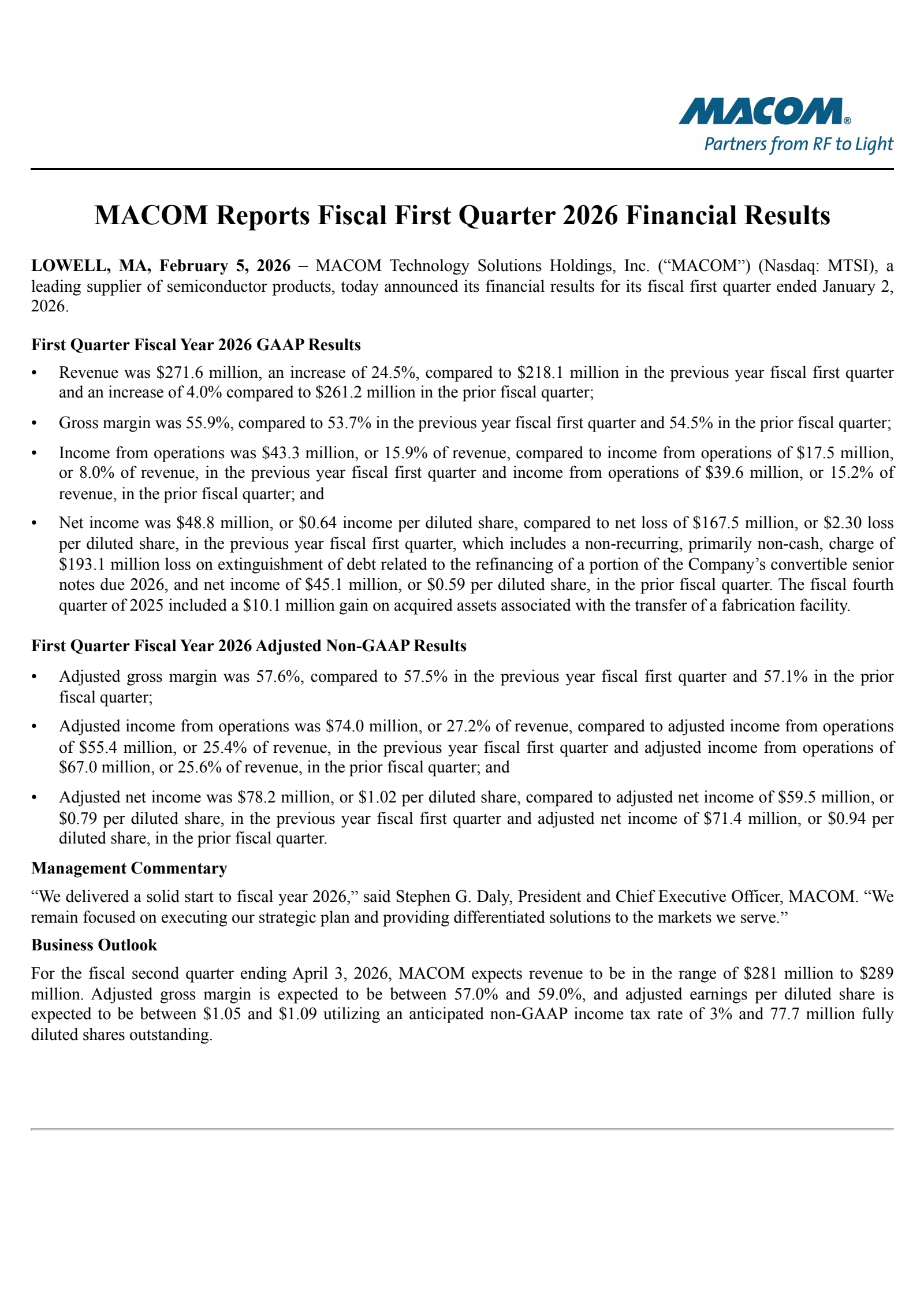 MACOM Technology Solutions' Q1 2026 Press Release