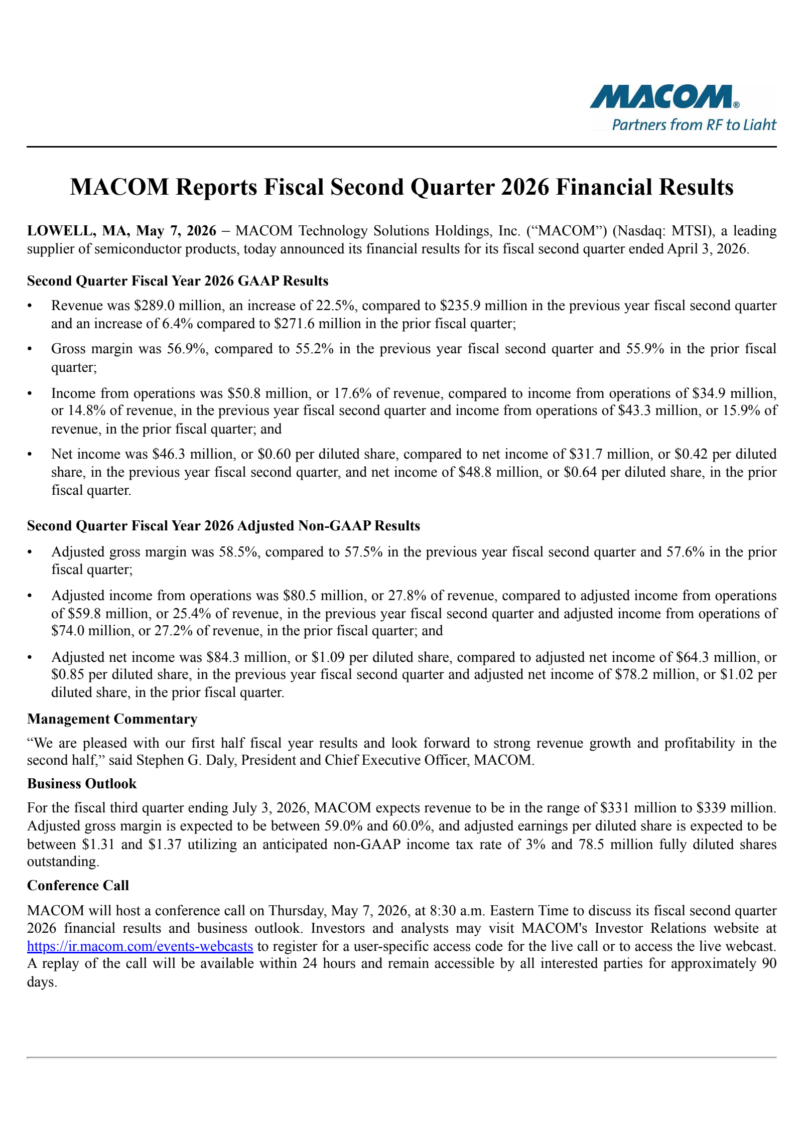 MACOM Technology Solutions' Q2 2026 Press Release