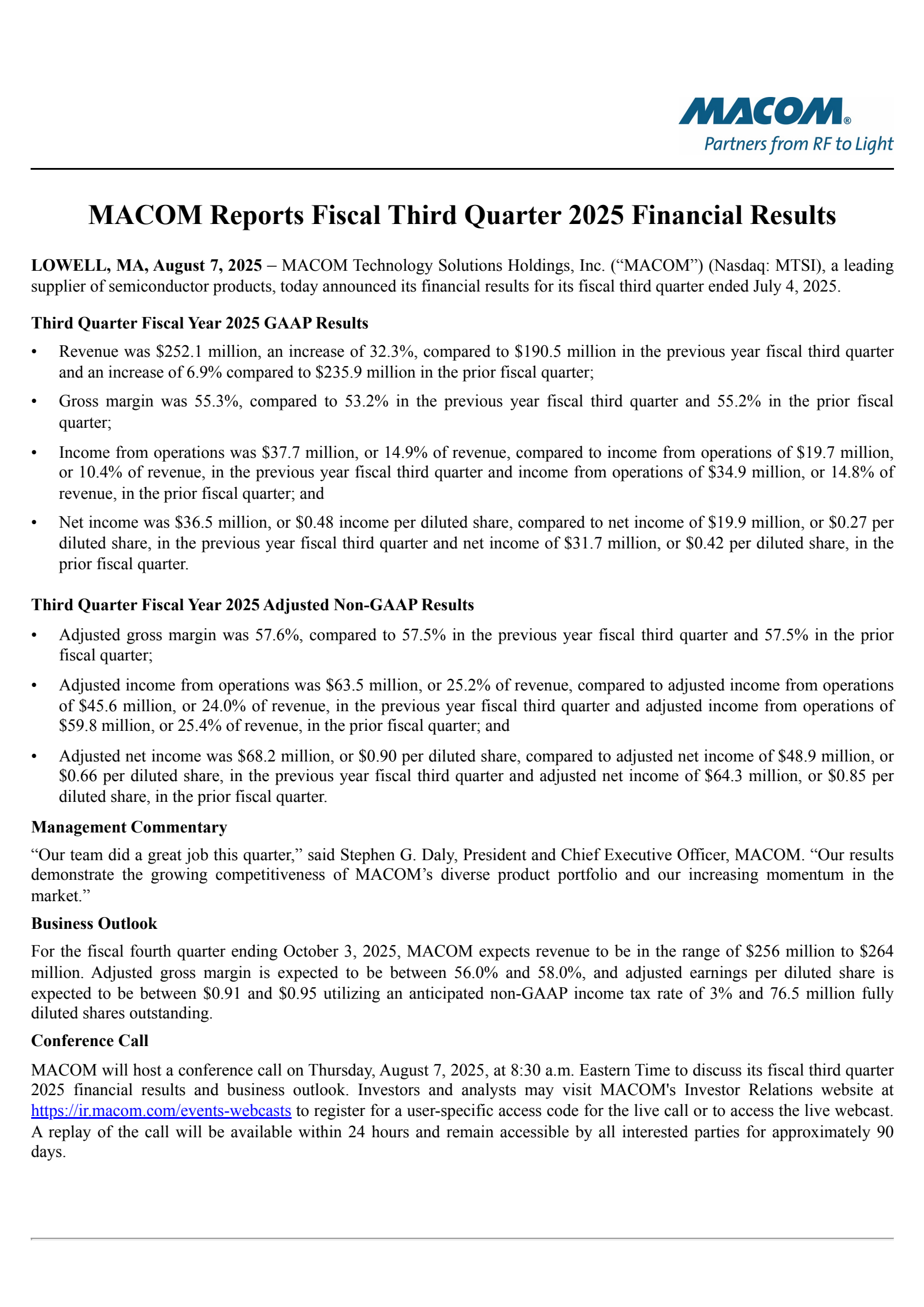 MACOM Technology Solutions' Q3 2025 Press Release