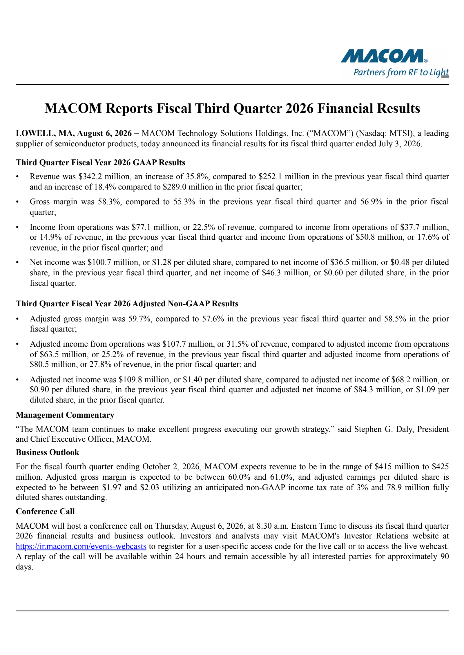 MACOM Technology Solutions' Q3 2026 Press Release