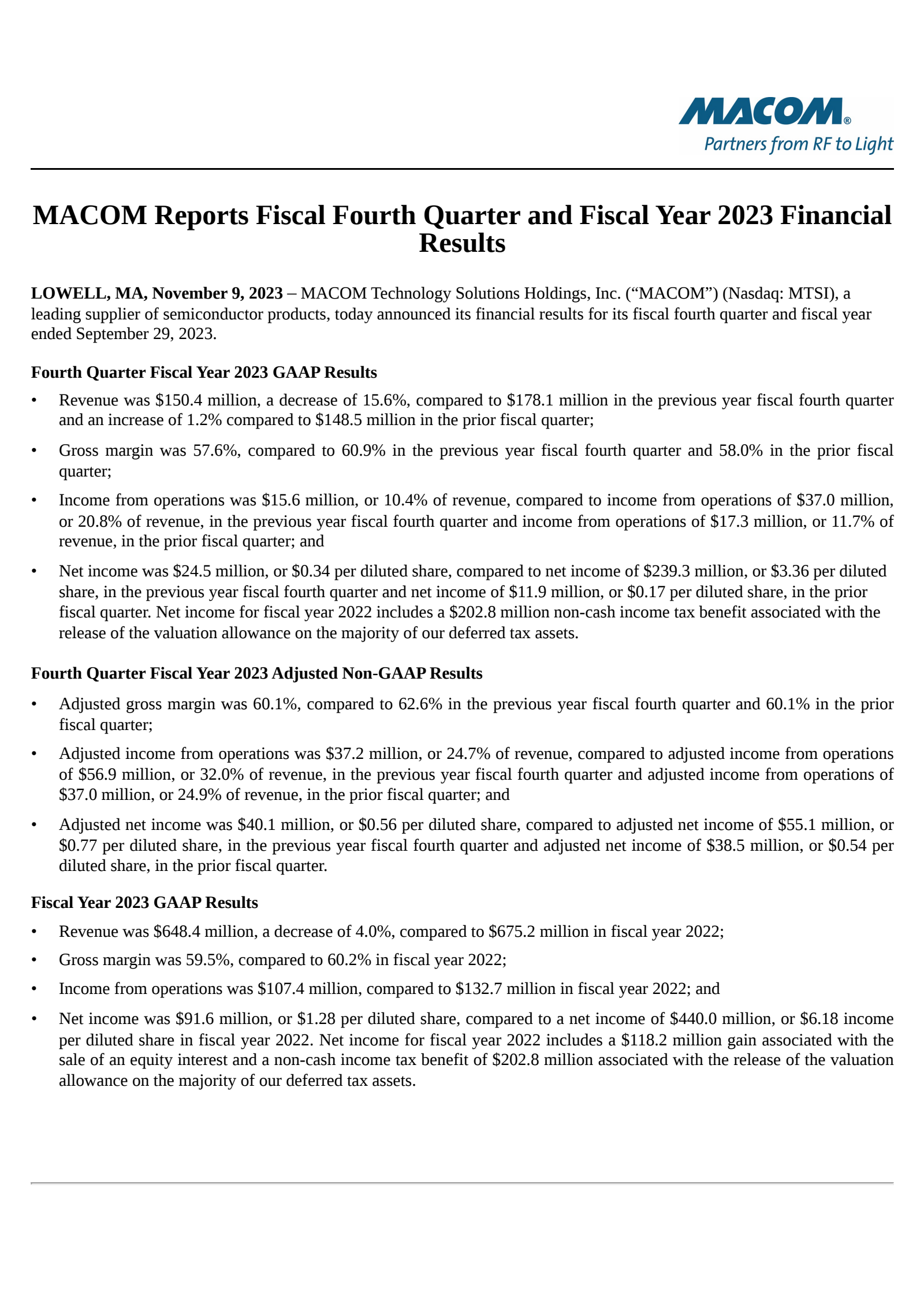 MACOM Technology Solutions' Q4 2023 Press Release