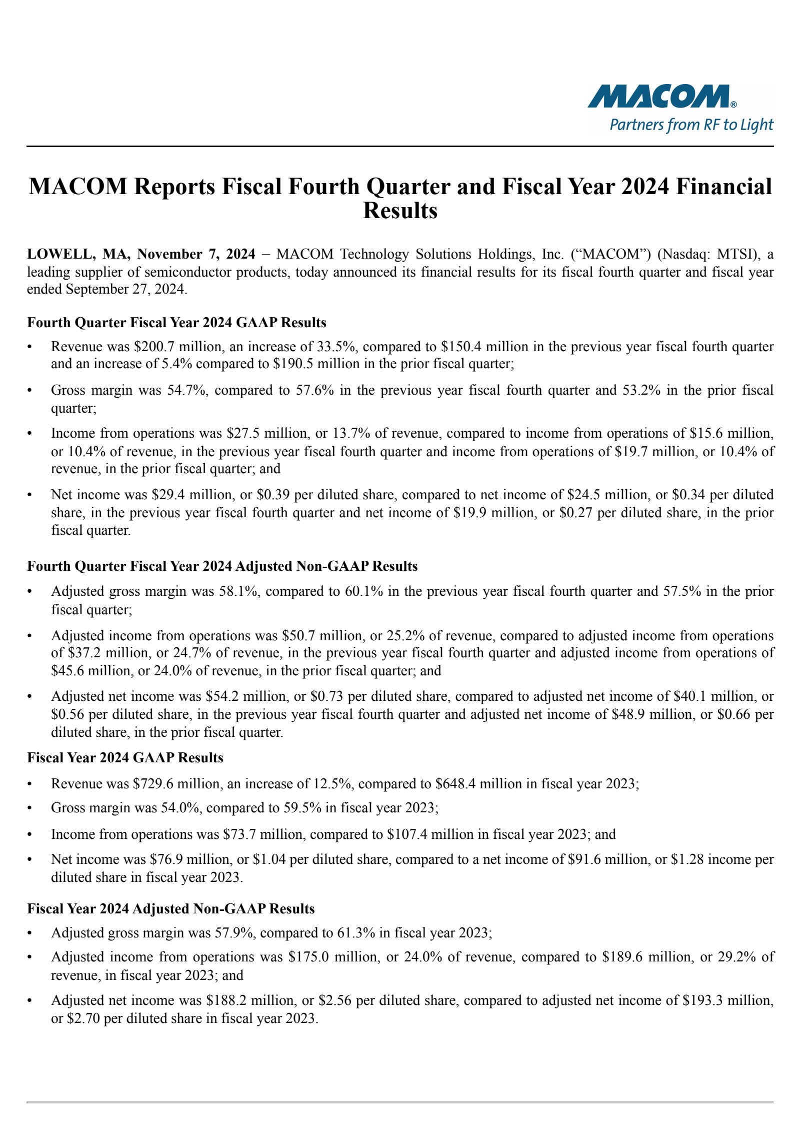 MACOM Technology Solutions' Q4 2024 Press Release