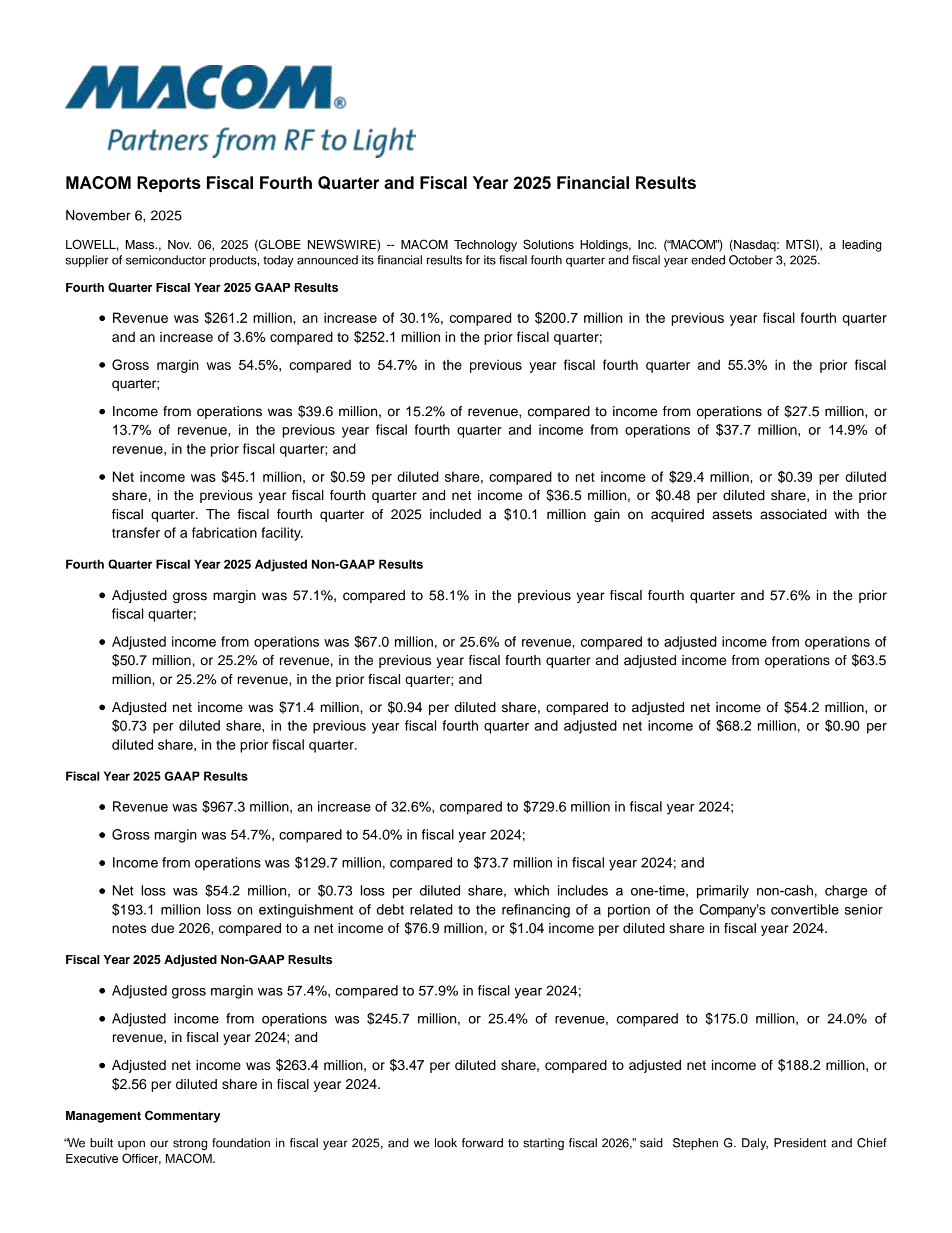 MACOM Technology Solutions' Q4 2025 Earnings Release