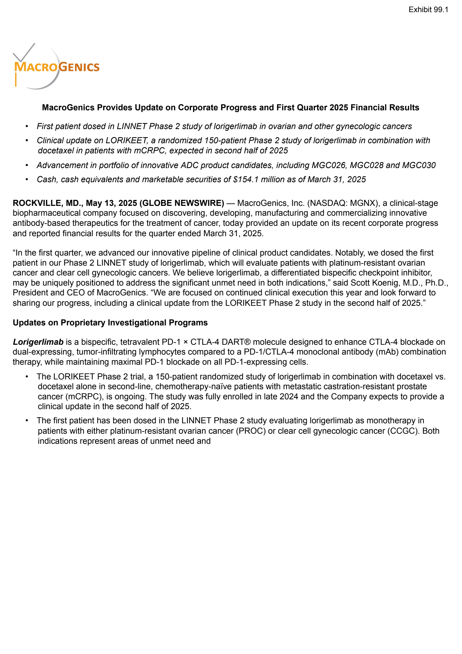 MacroGenics' Q1 2025 Press Release