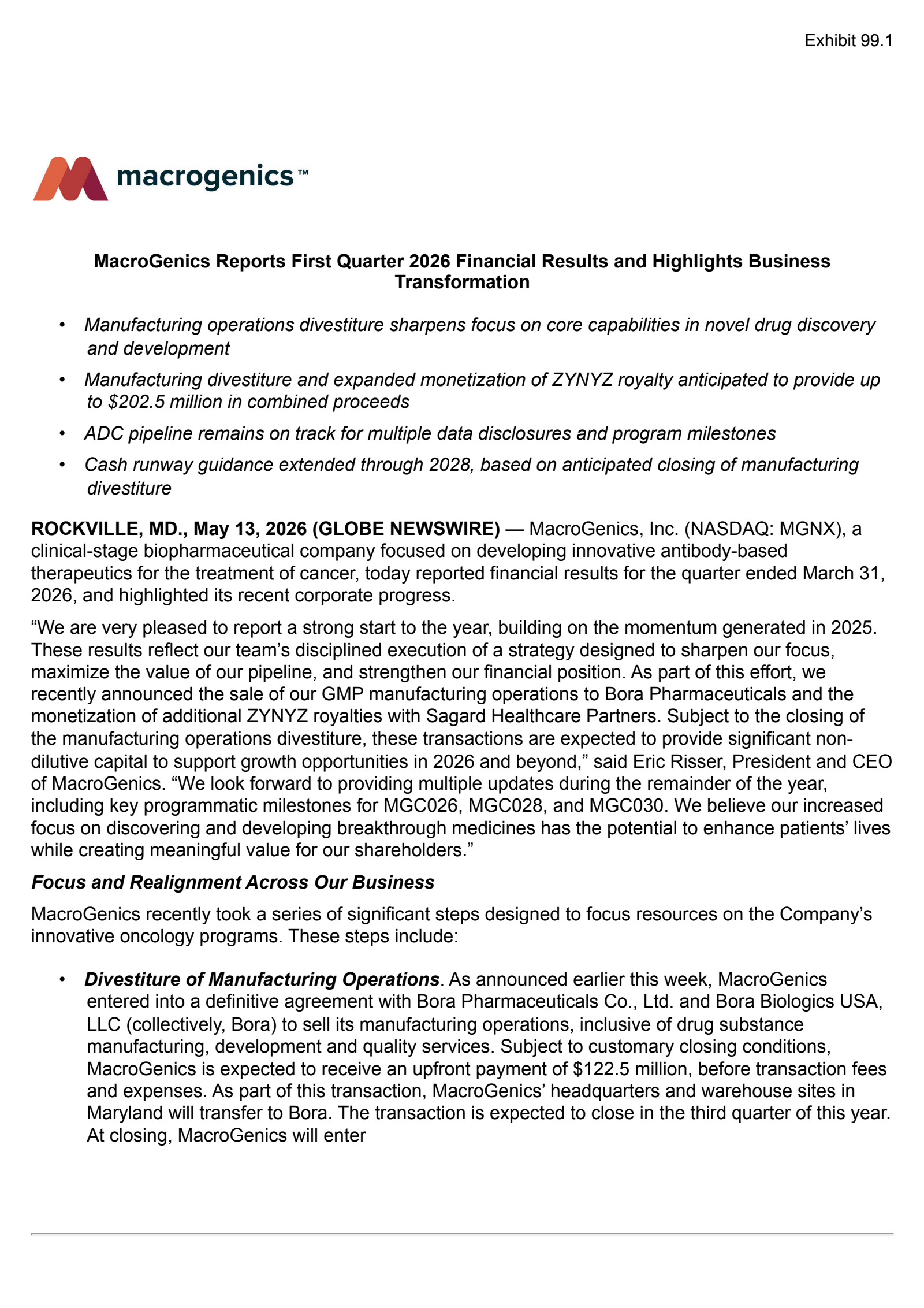MacroGenics' Q1 2026 Press Release