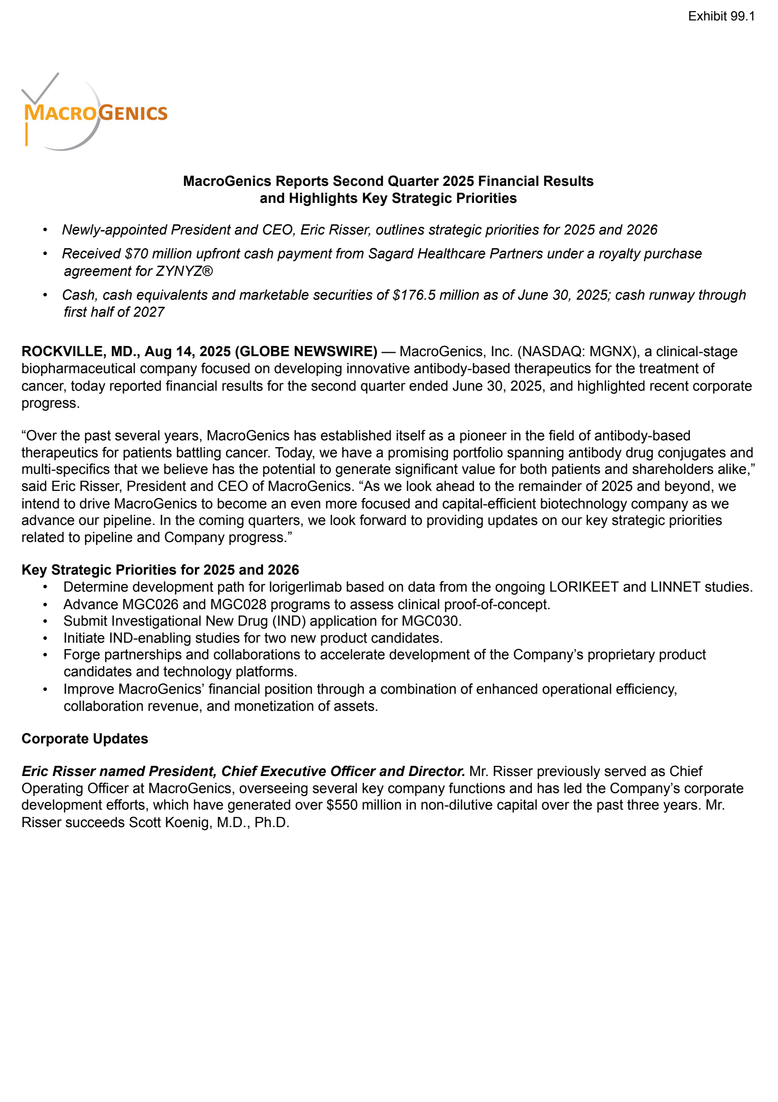 MacroGenics' Q2 2025 Press Release
