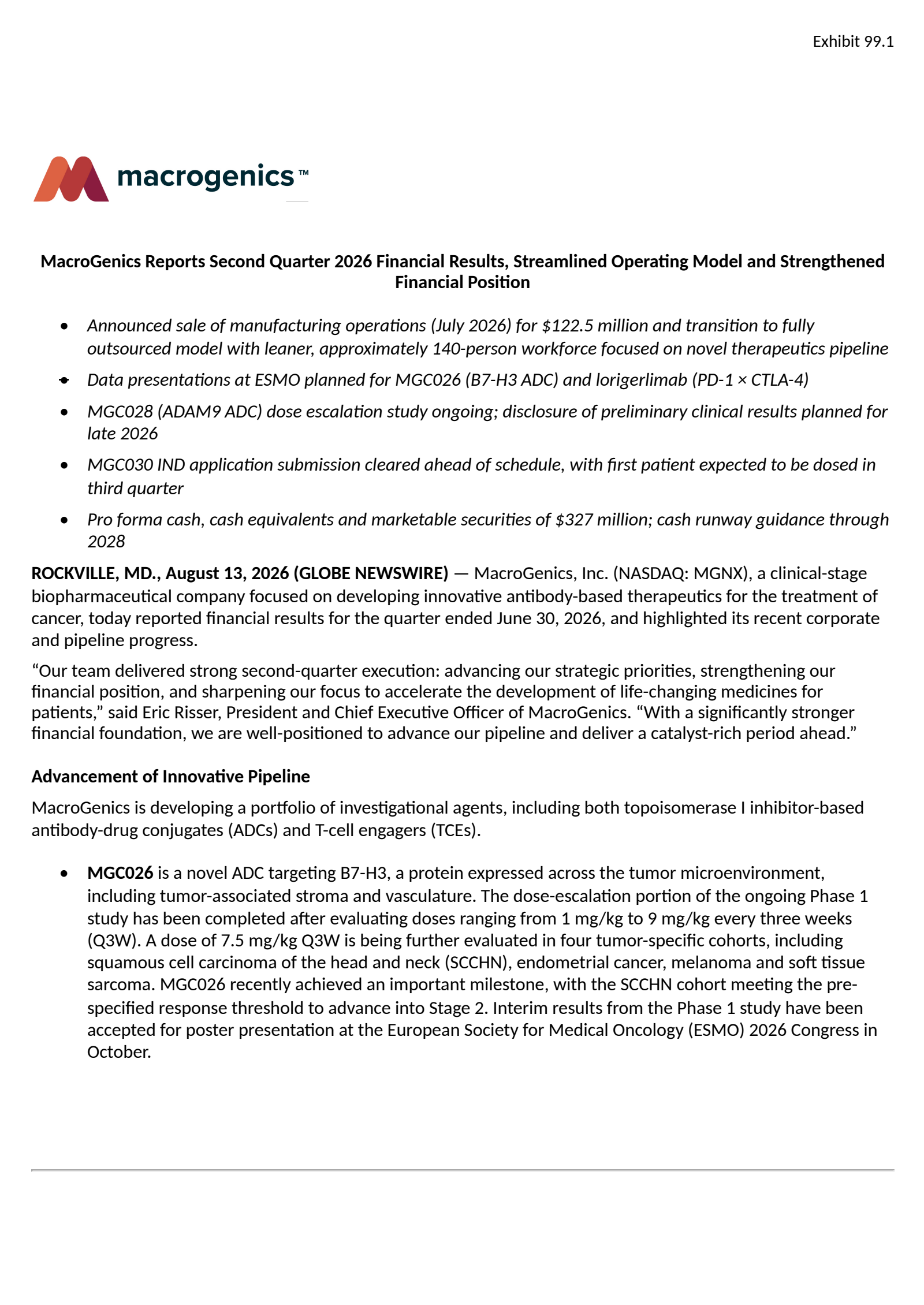 MacroGenics' Q2 2026 Press Release