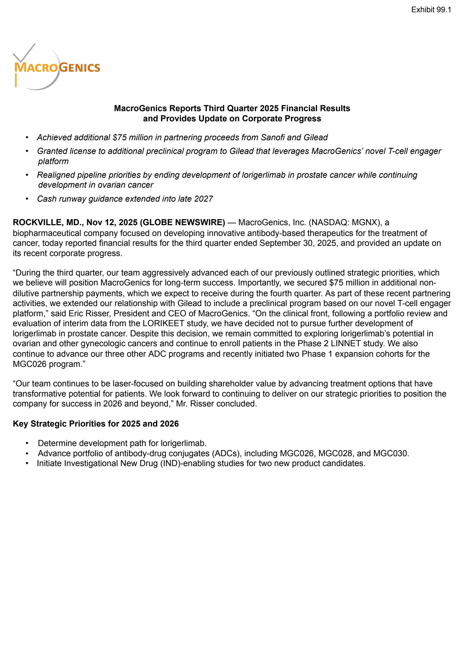MacroGenics' Q3 2025 Press Release
