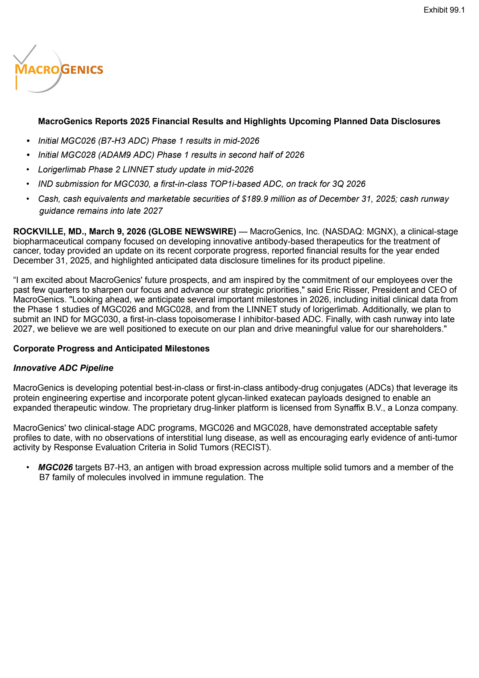 MacroGenics' Q4 2025 Press Release