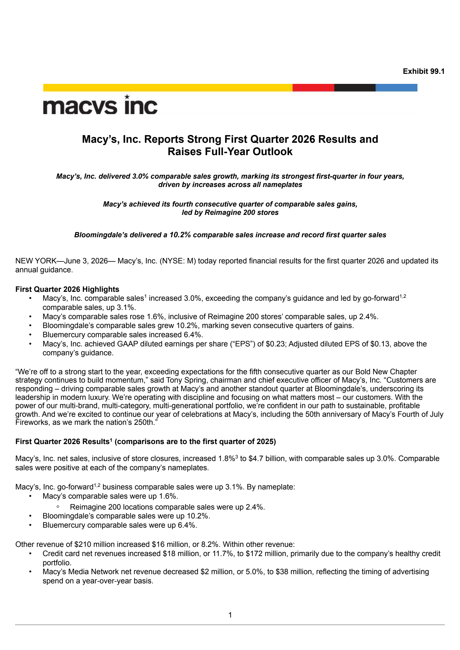 Macy's' Q1 2026 Press Release