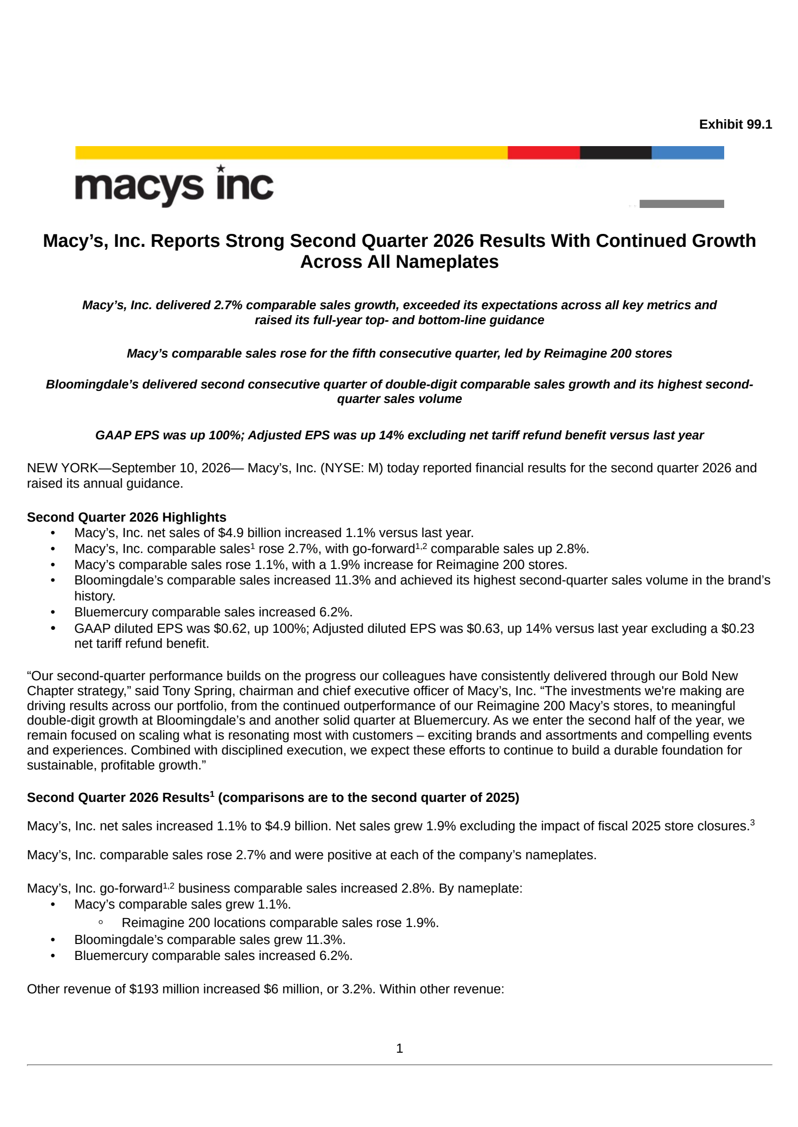 Macy's' Q2 2026 Press Release