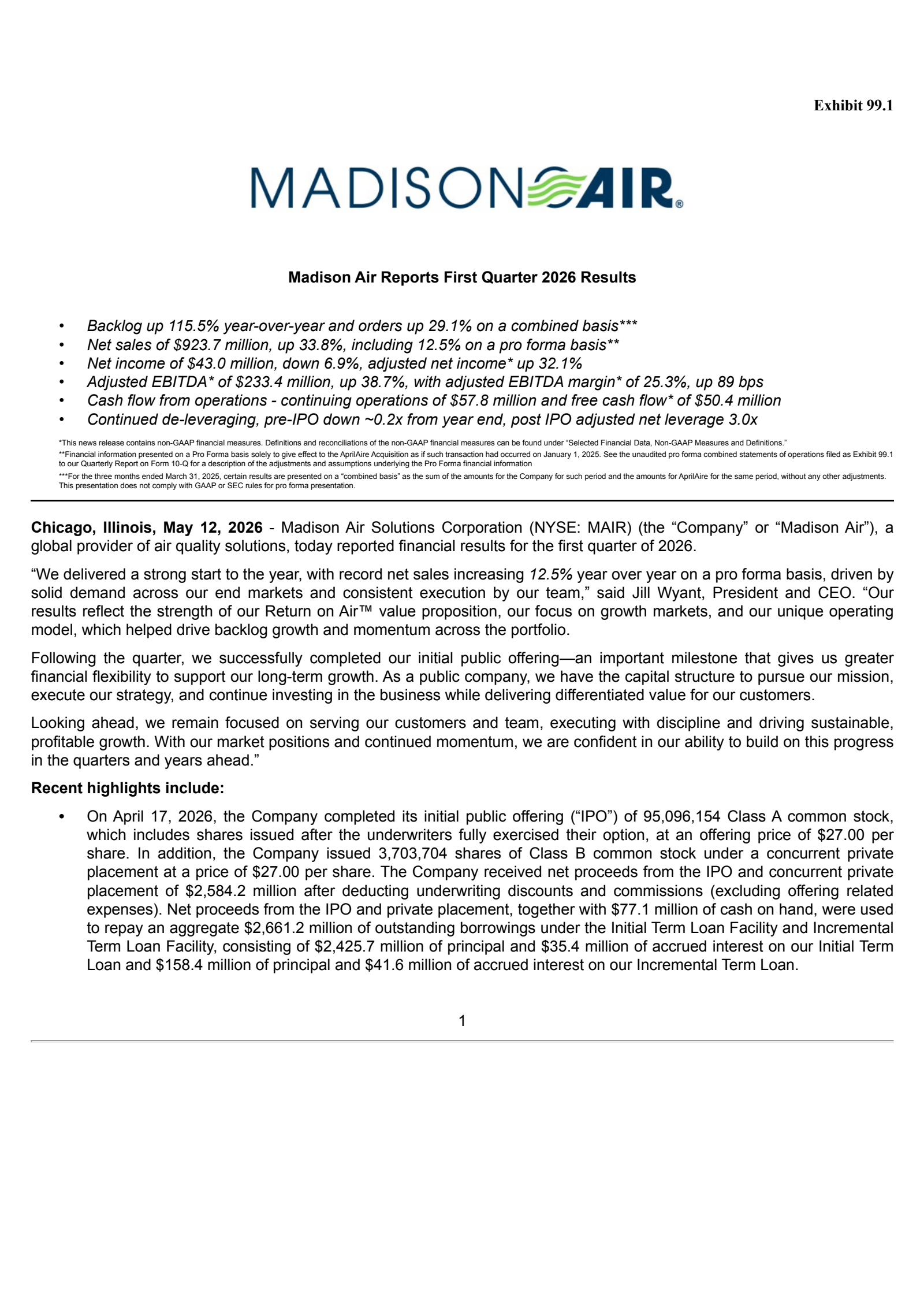 Madison Air Solutions' Q1 2026 Press Release