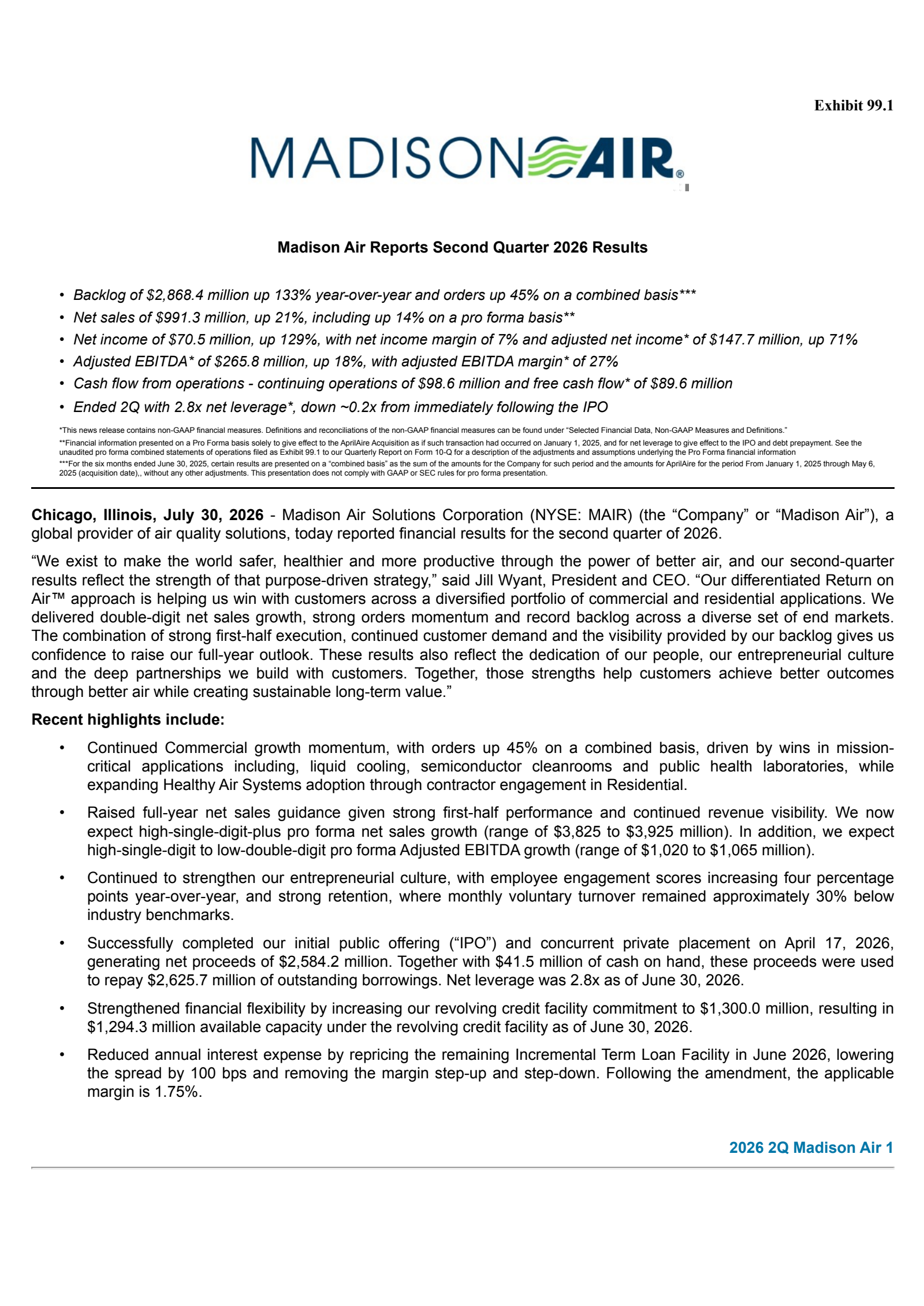 Madison Air Solutions' Q2 2026 Press Release