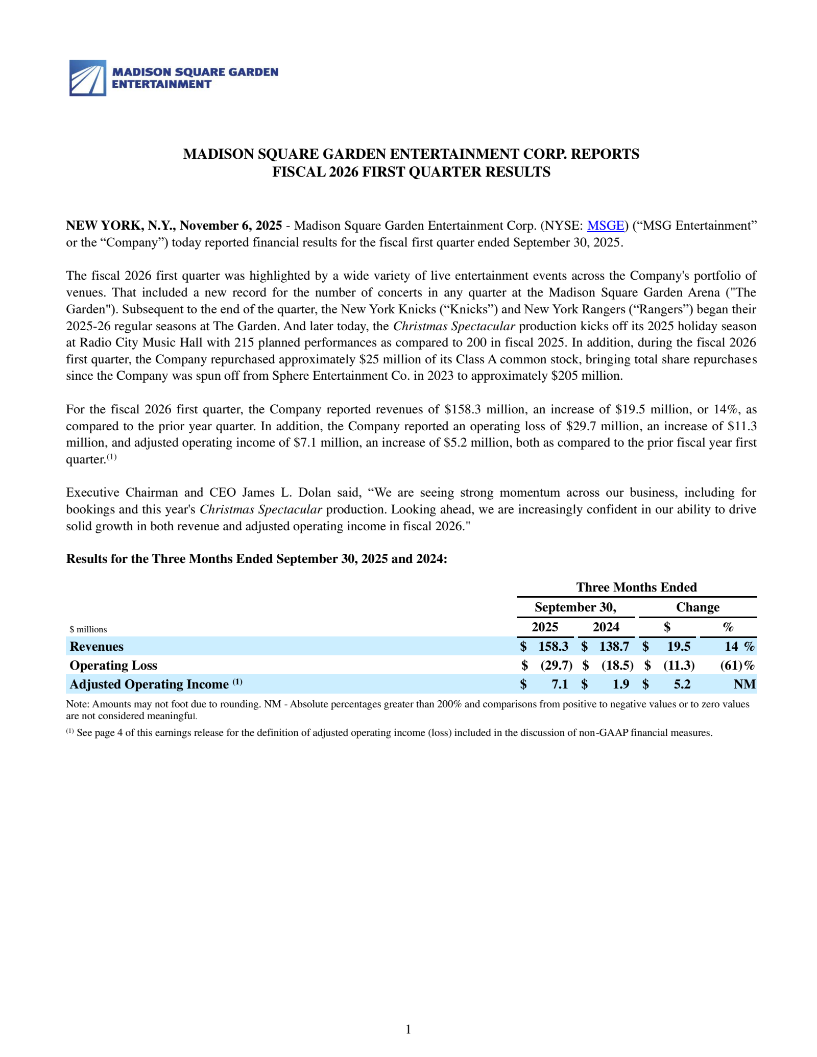 Madison Square Garden Entertainment's Q1 2026 Earnings Release
