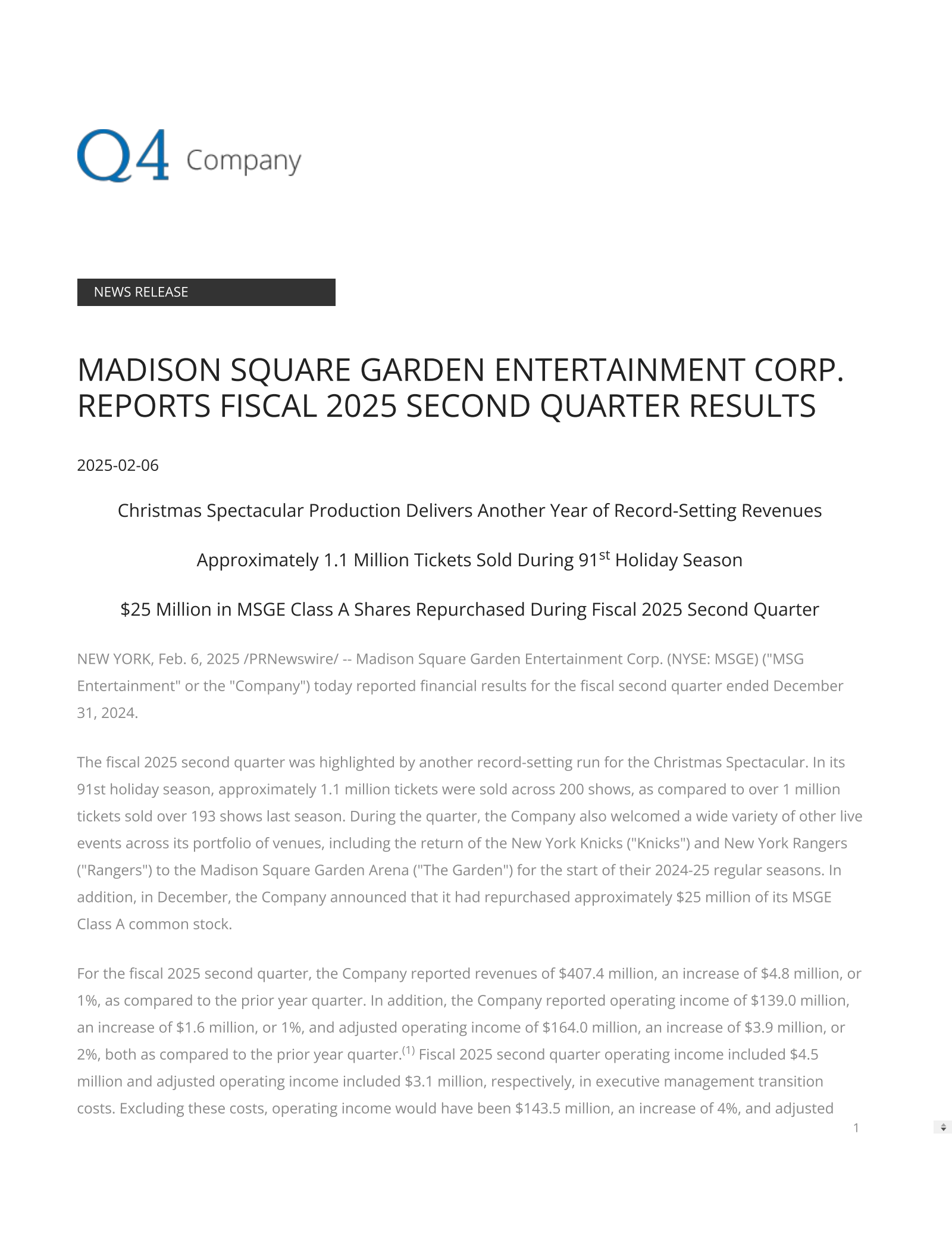 Msge MSGE Q2 2025 Earnings Report on 2/6/2025