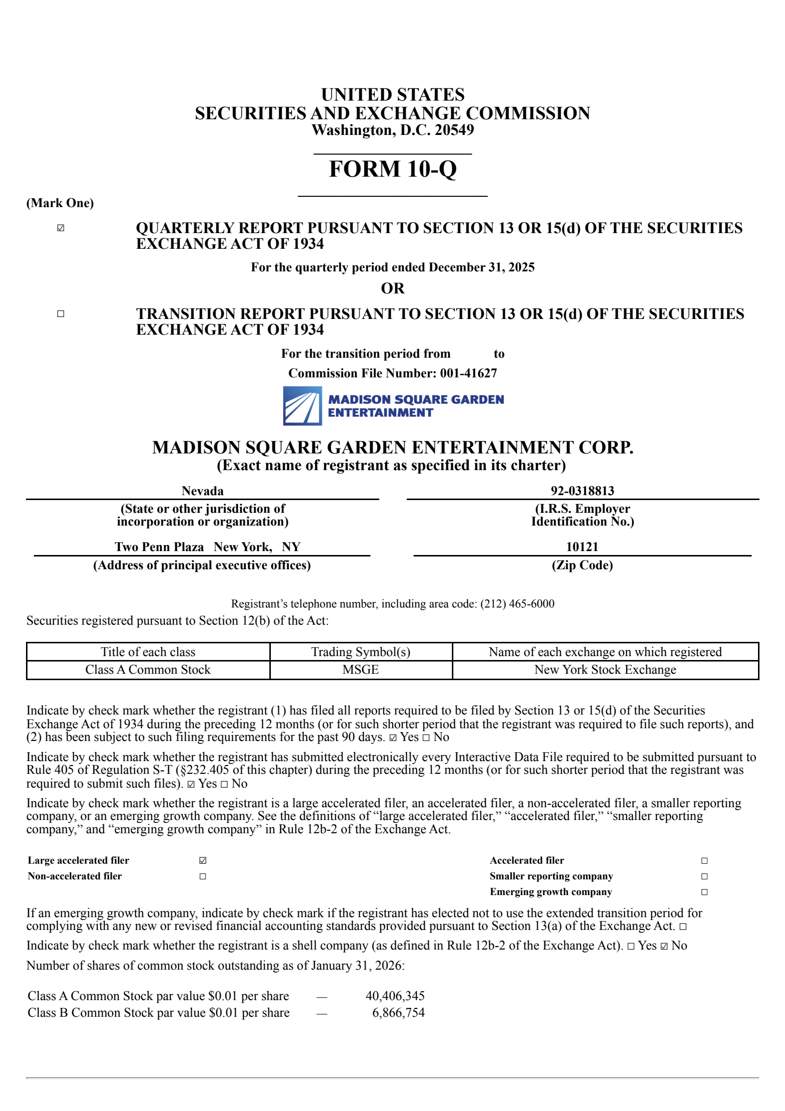 Madison Square Garden Entertainment's Q2 2026 Quarterly report