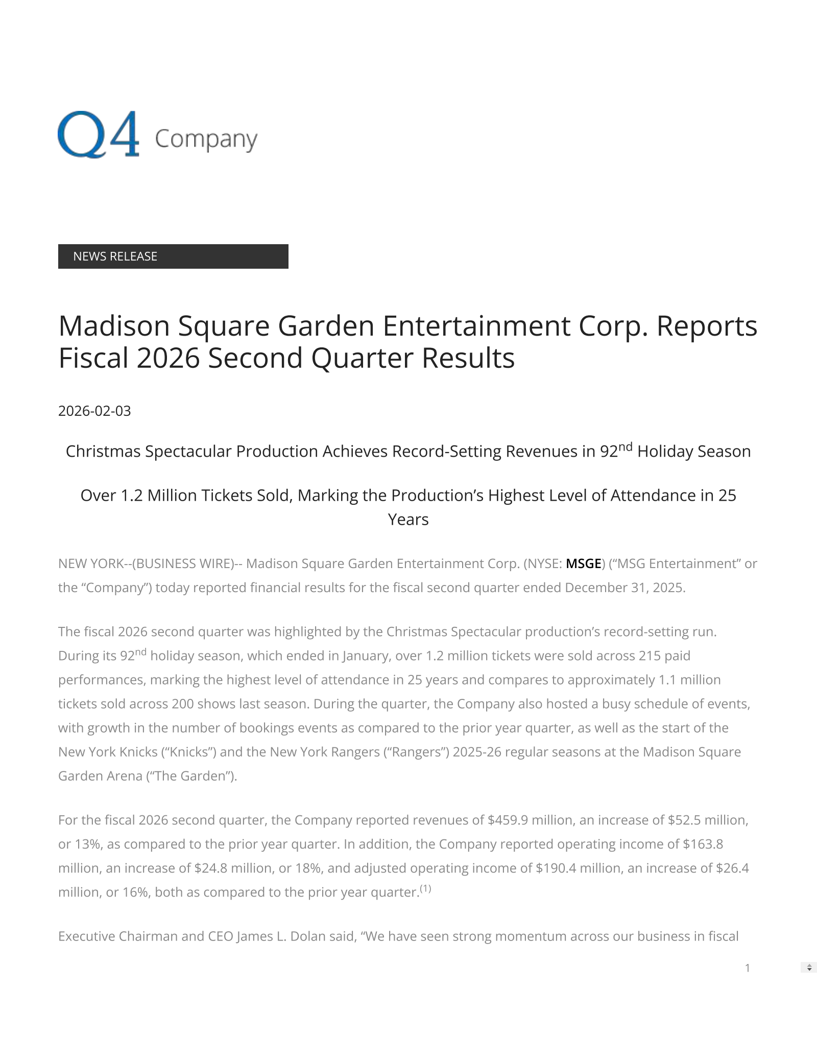 Madison Square Garden Entertainment's Q2 2026 Press Release
