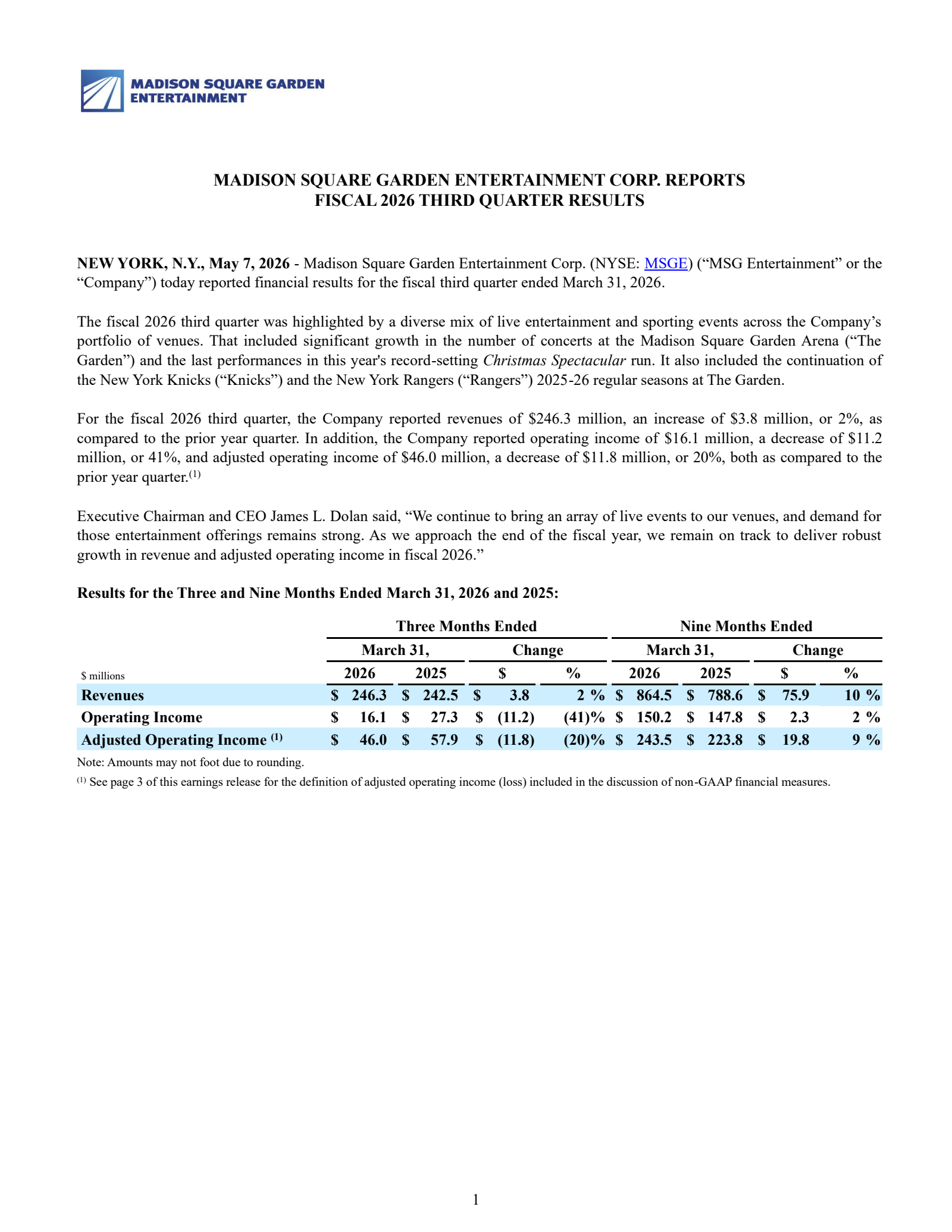 Madison Square Garden Entertainment's Q3 2026 Press Release