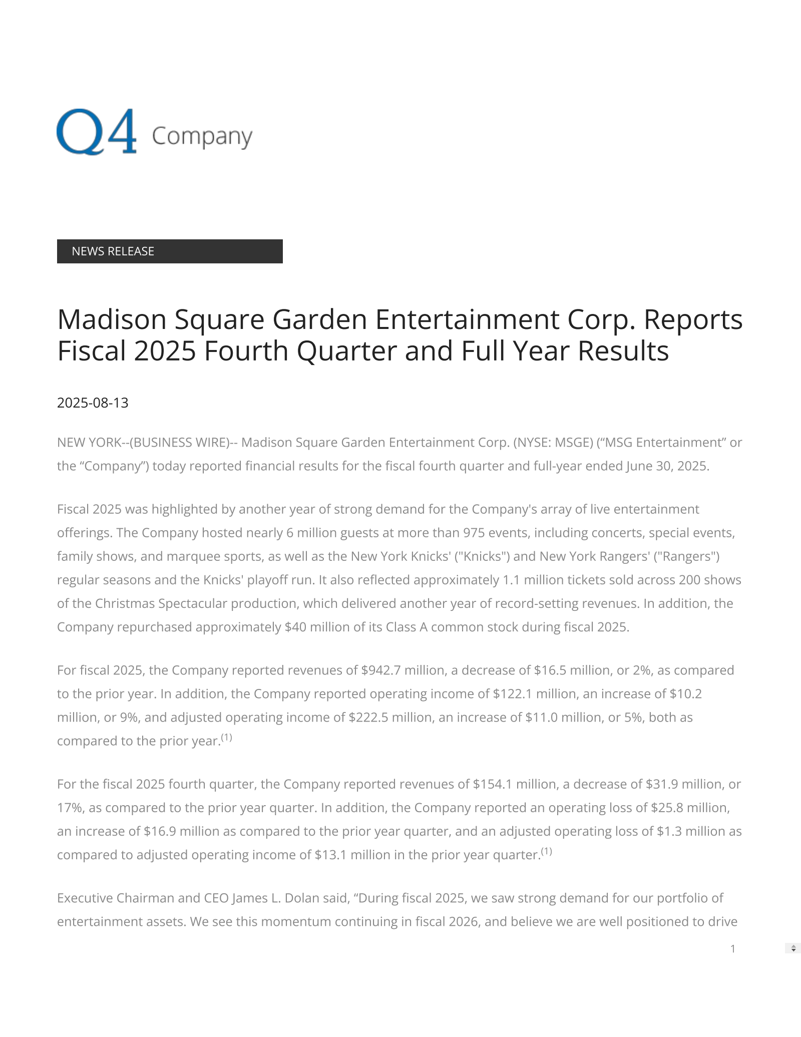 Madison Square Garden Entertainment's Q4 2025 Press Release