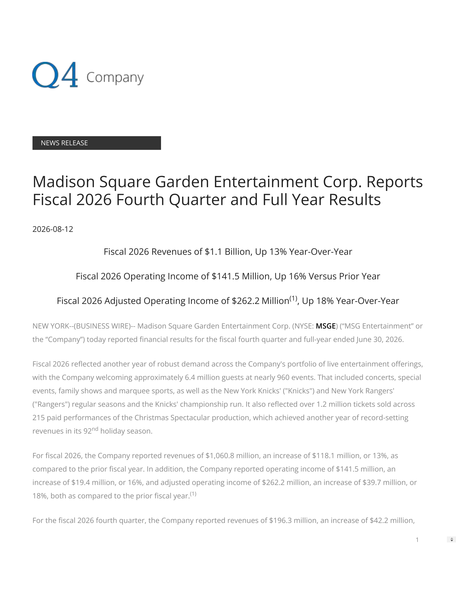 Madison Square Garden Entertainment's Q4 2026 Press Release