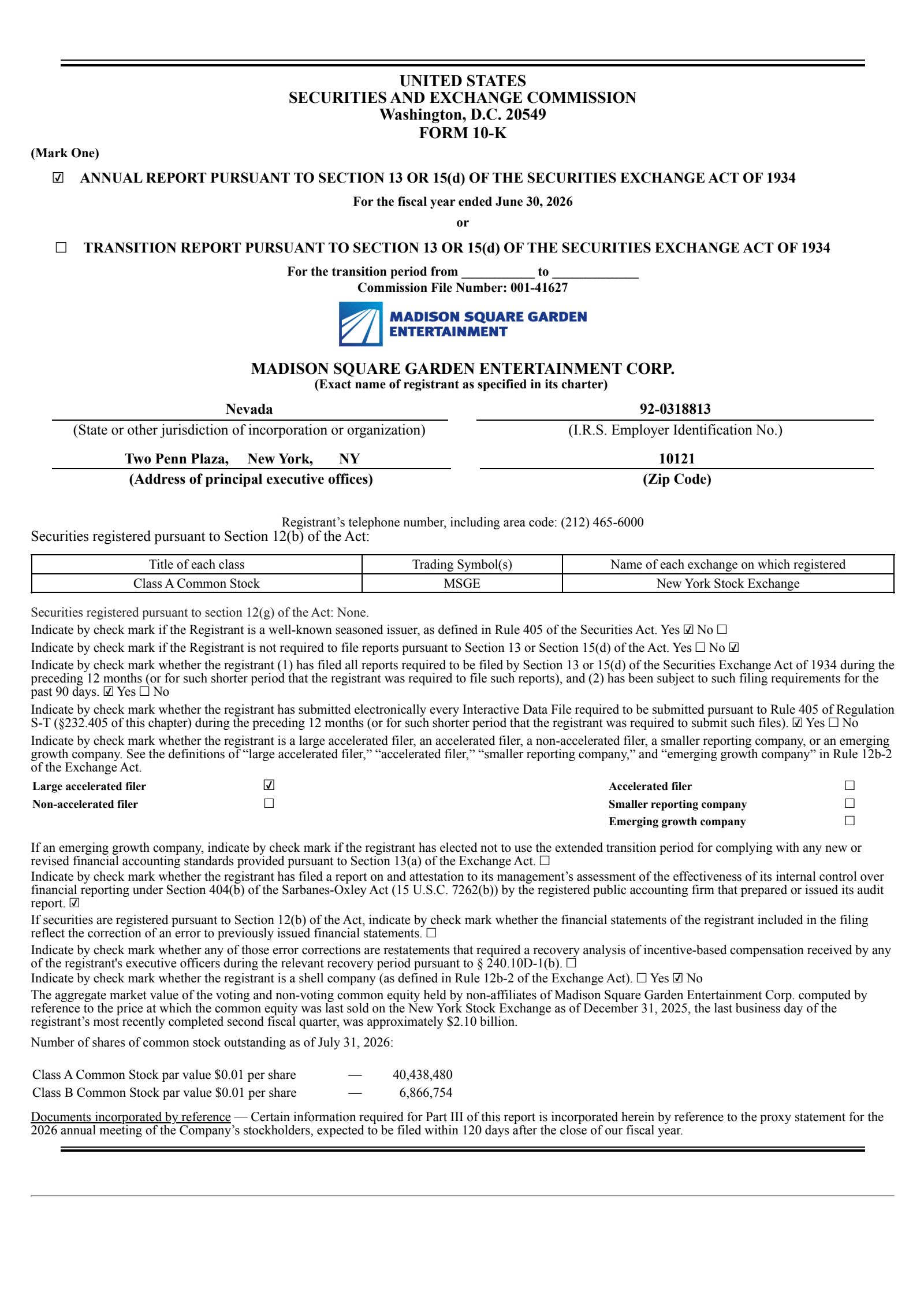 Madison Square Garden Entertainment's Q4 2026 Annual report