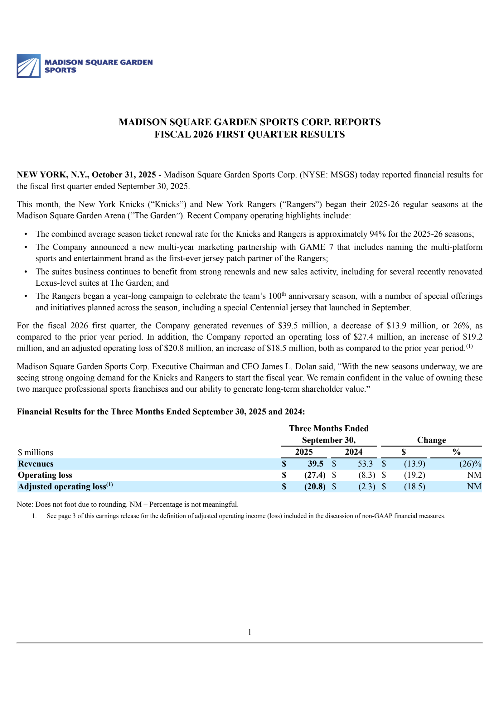 Madison Square Garden's Q1 2026 Earnings Release