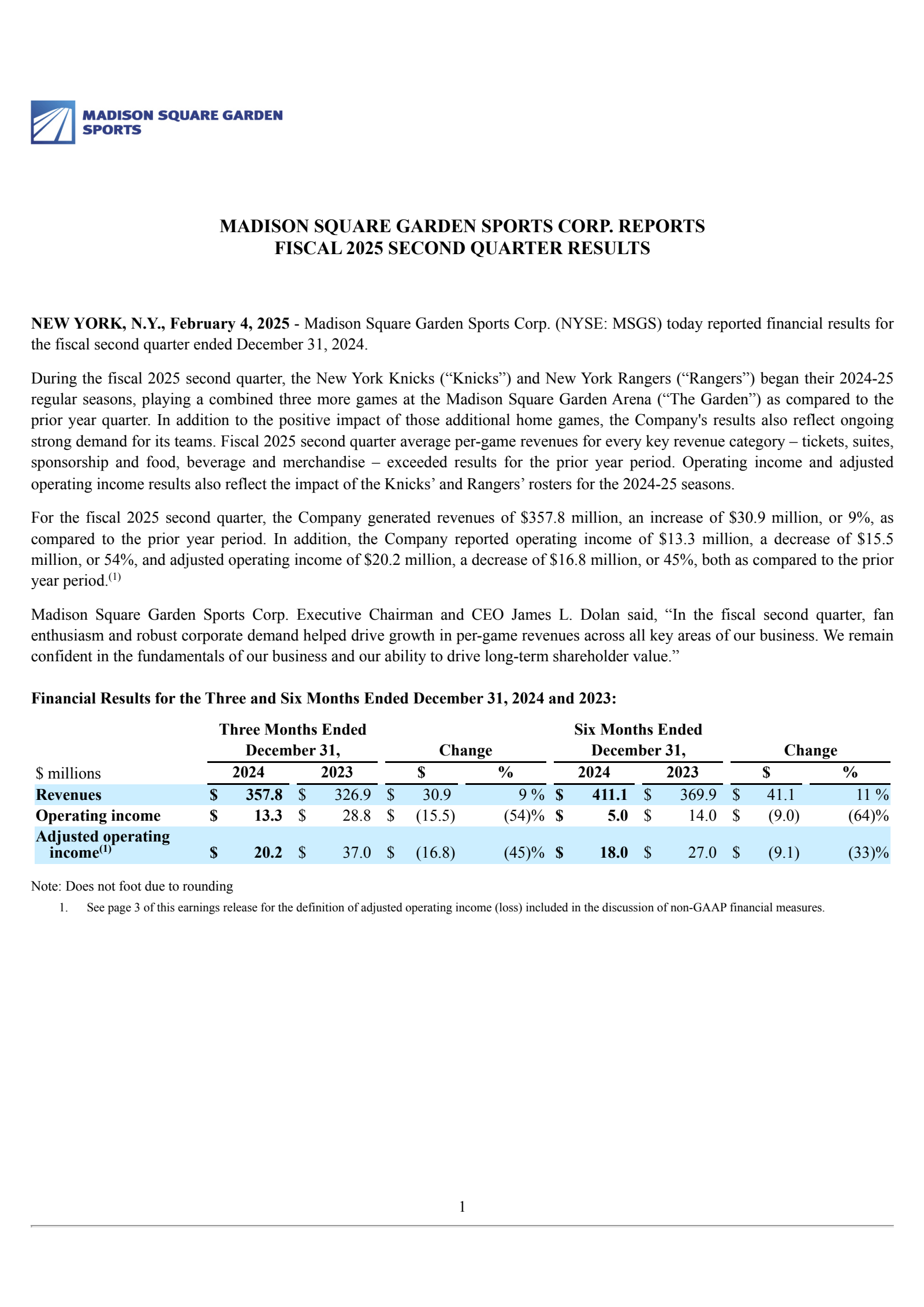 Madison Square Garden Sports' Q2 2025 Press Release