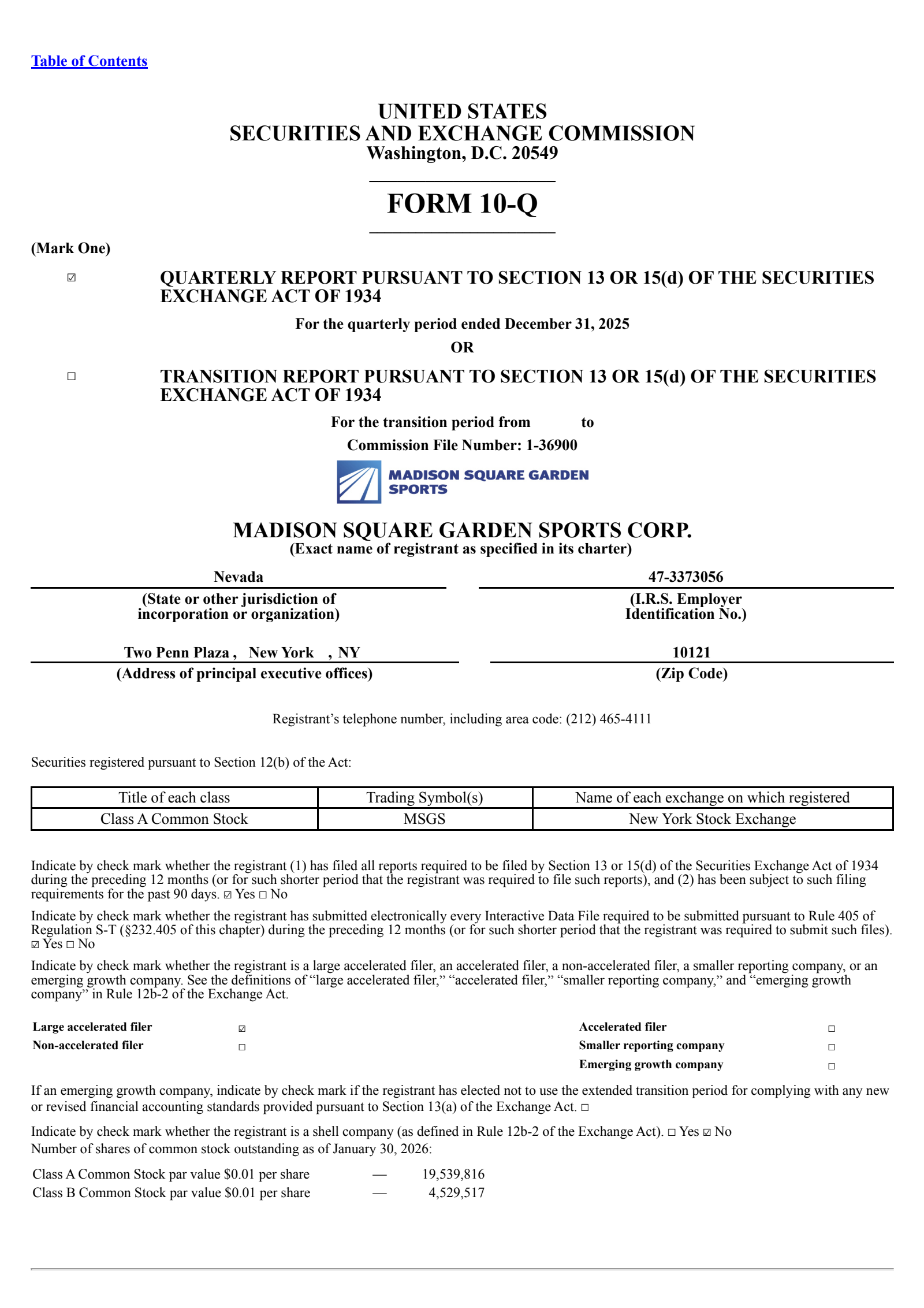 Madison Square Garden's Q2 2026 Quarterly report