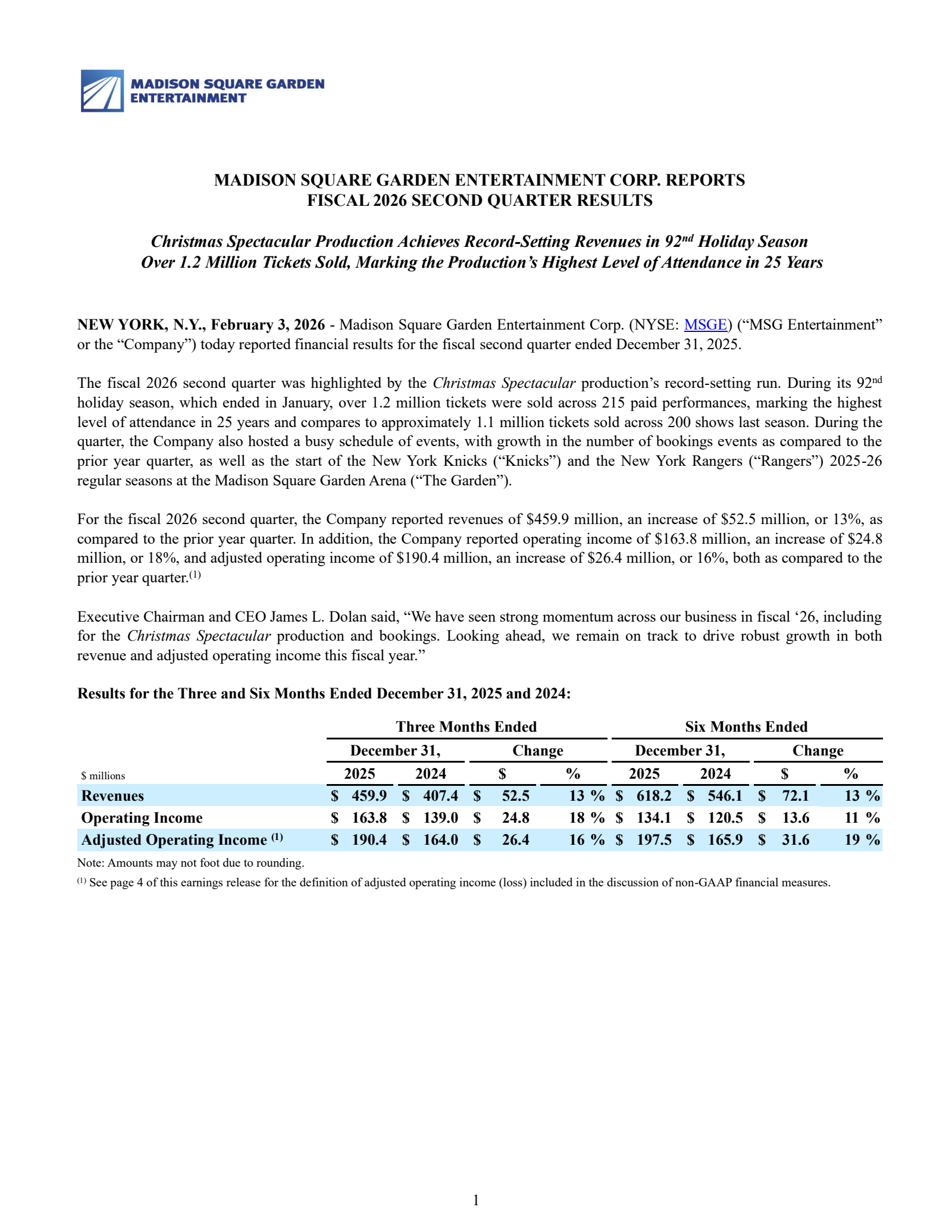 Madison Square Garden's Q2 2026 Press Release