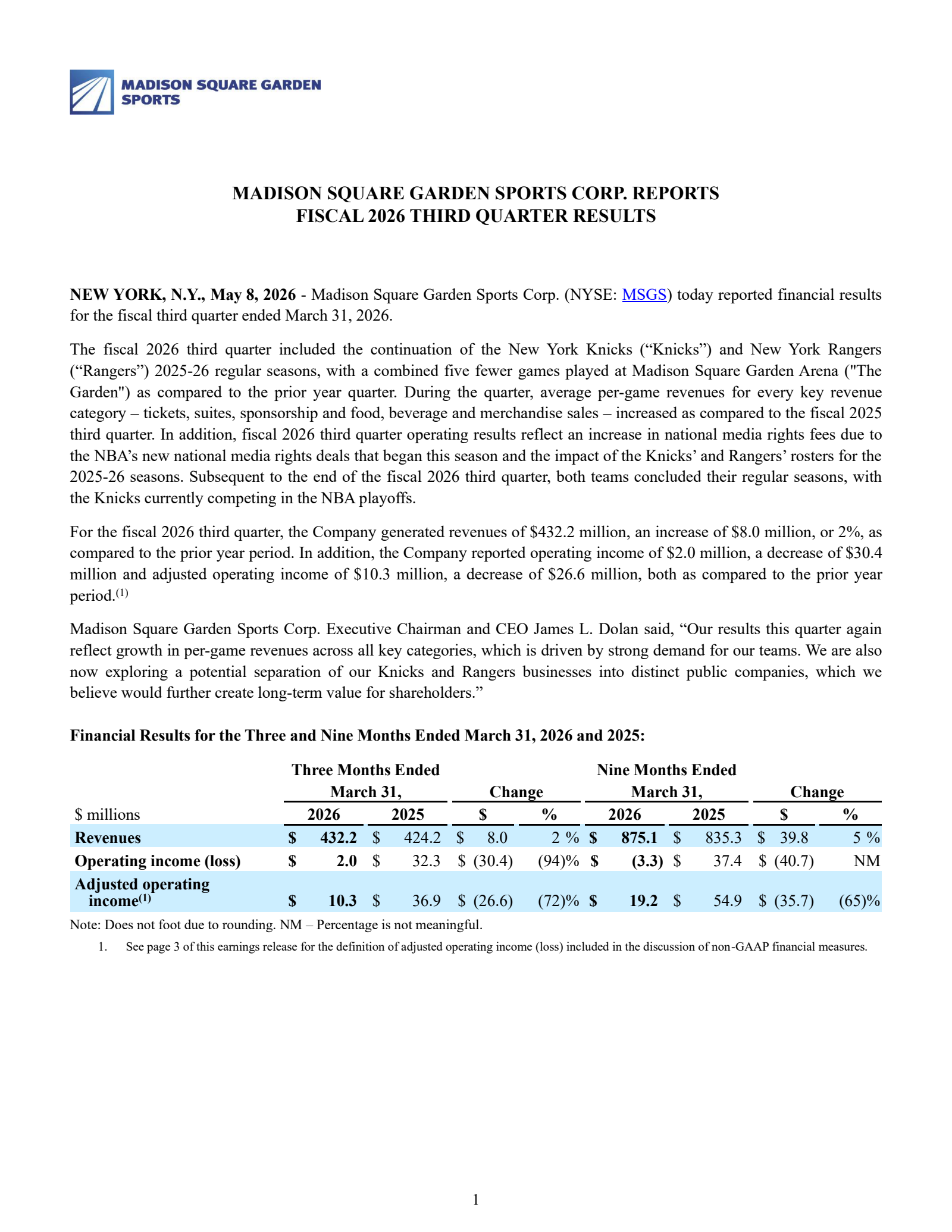 Madison Square Garden's Q3 2026 Press Release