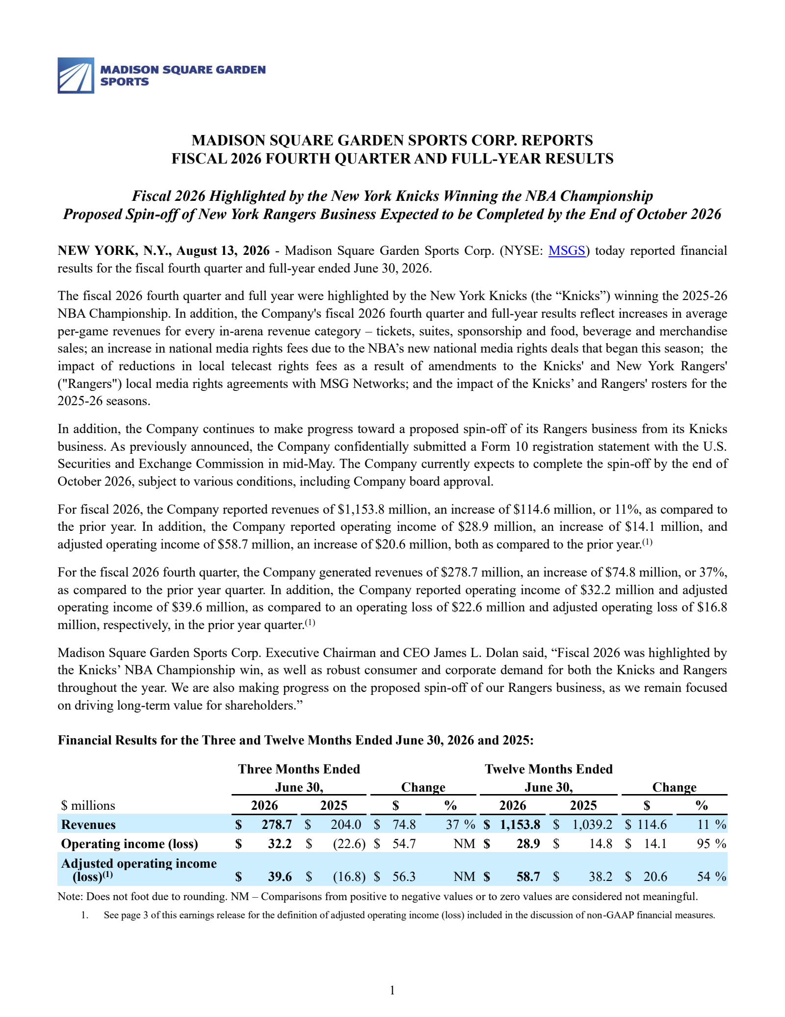 Madison Square Garden's Q4 2026 Press Release
