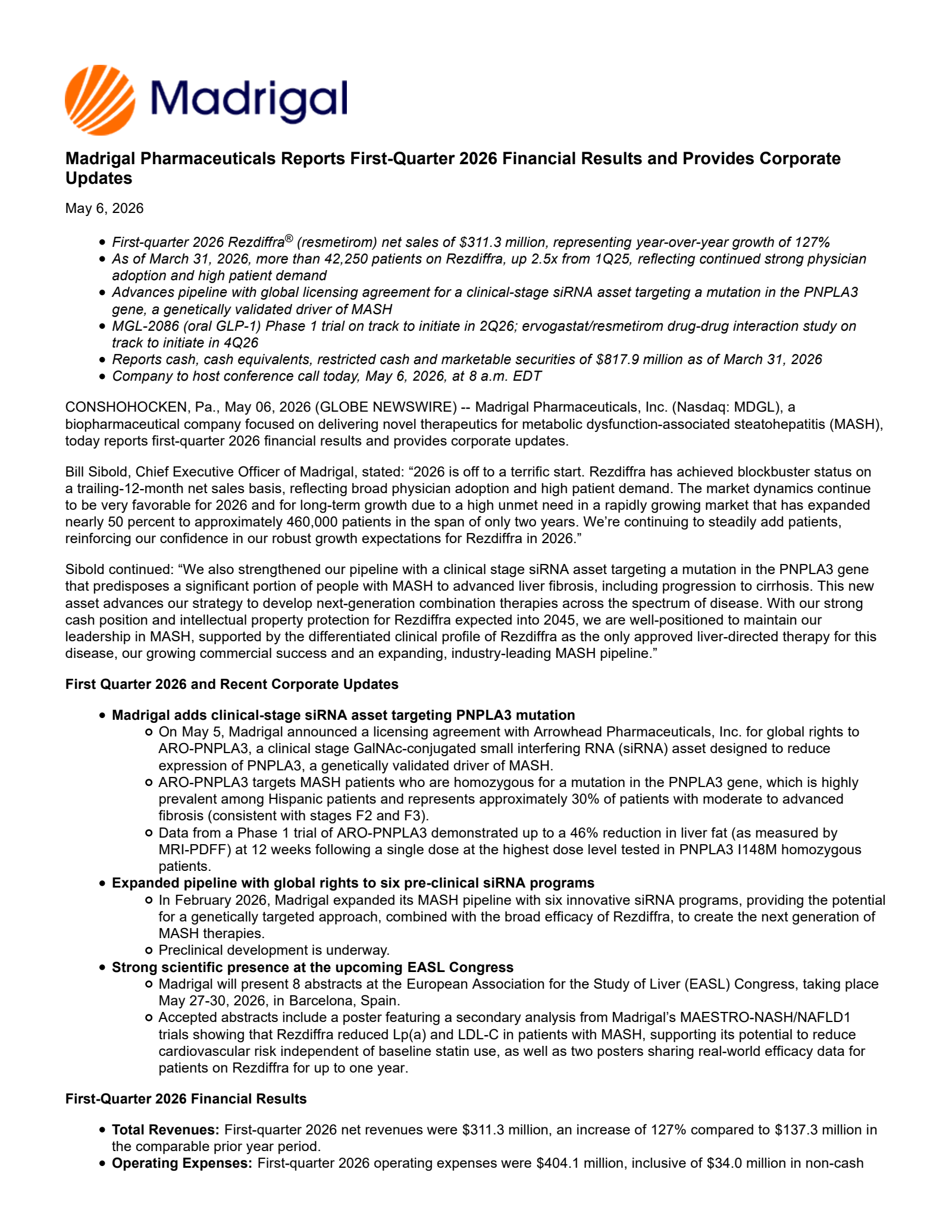 Madrigal Pharmaceuticals' Q1 2026 Press Release