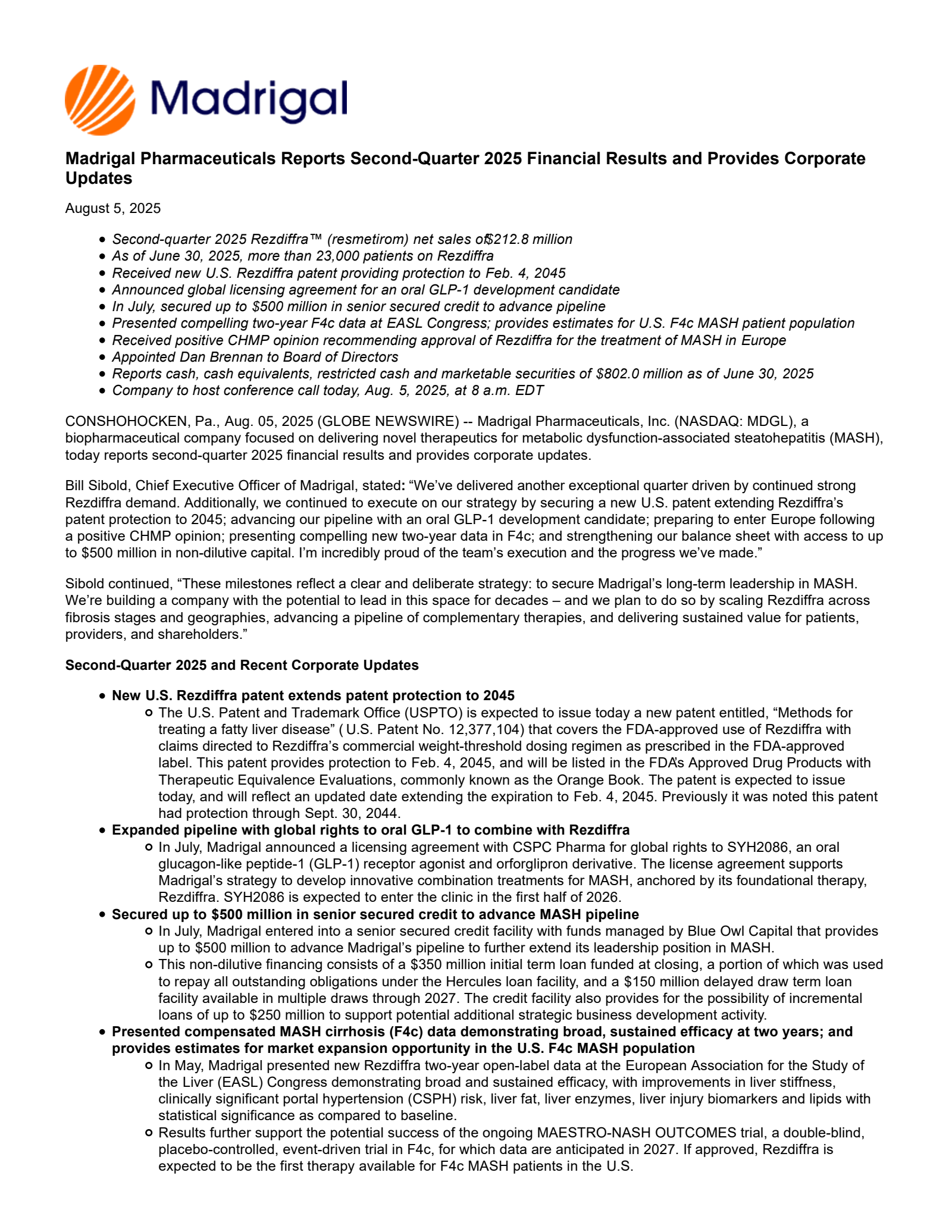 Madrigal Pharmaceuticals' Q2 2025 Press Release