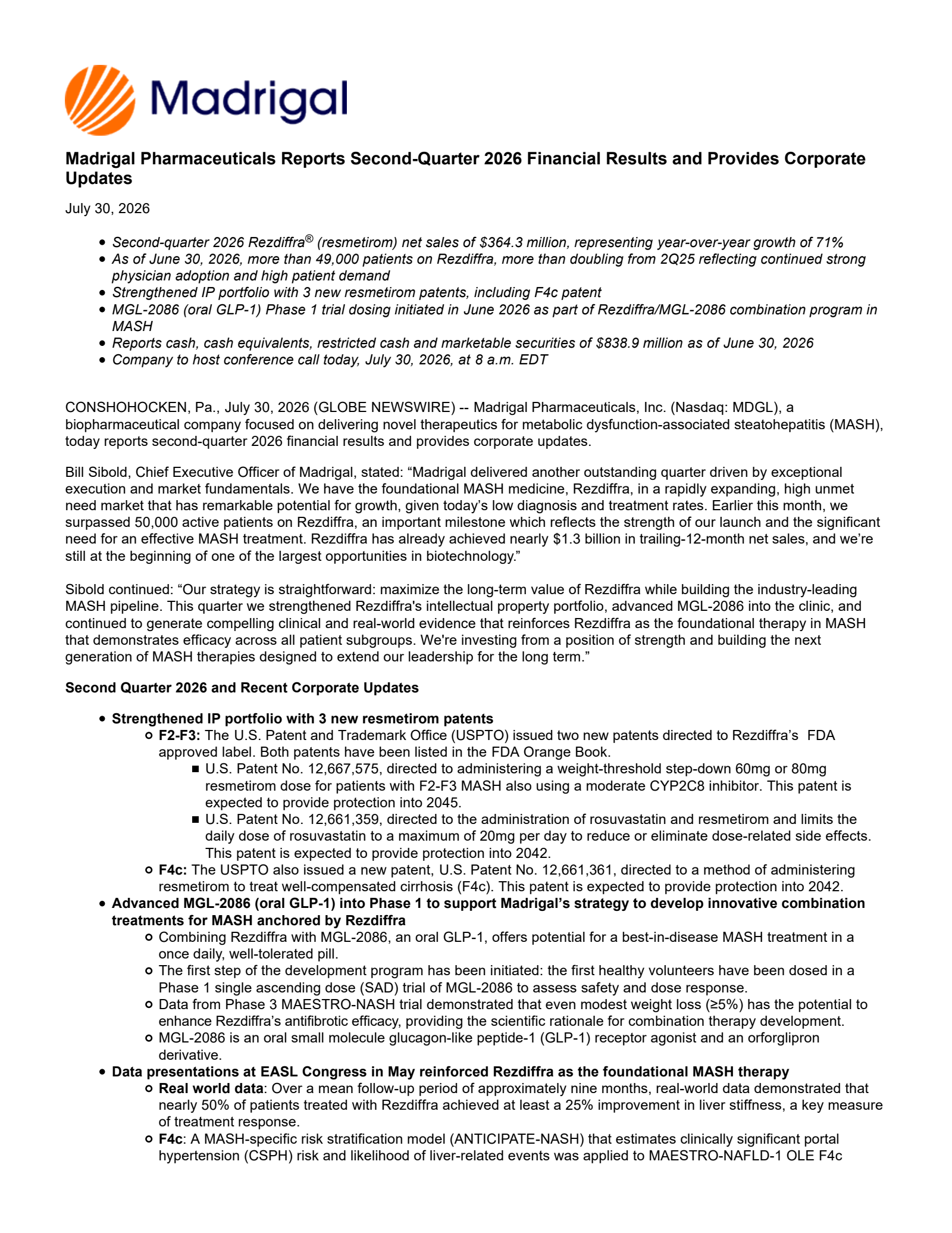Madrigal Pharmaceuticals' Q2 2026 Press Release