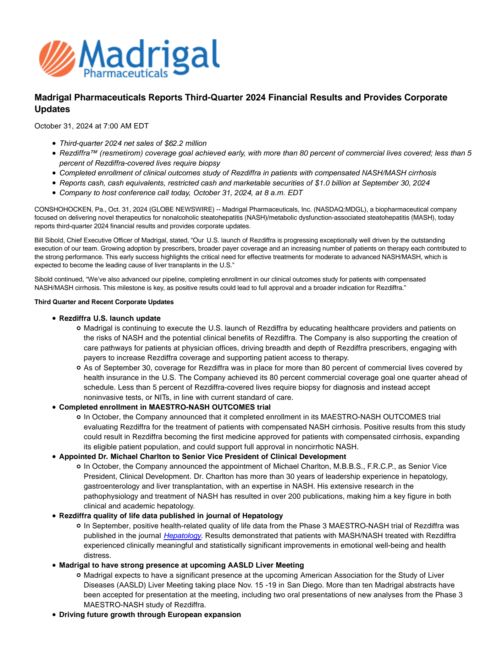 Madrigal Pharmaceuticals' Q3 2024 Press Release
