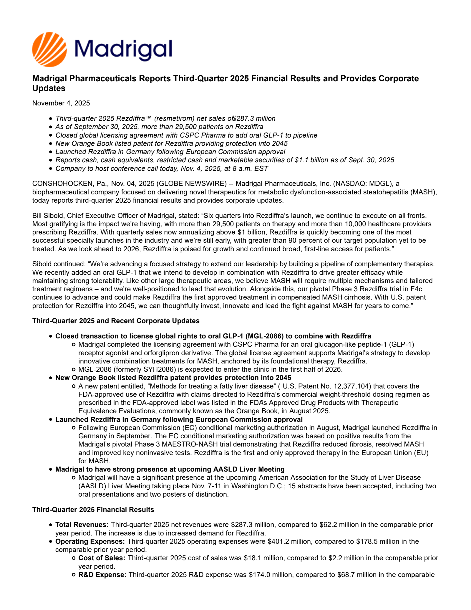Madrigal Pharmaceuticals' Q3 2025 Earnings Release