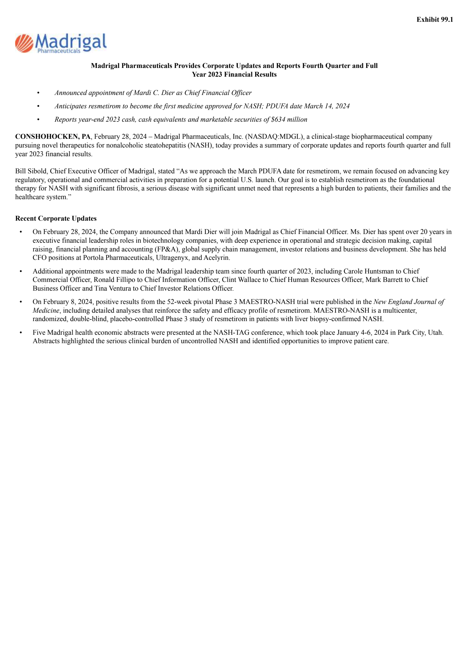 Madrigal Pharmaceuticals' Q4 2023 Press Release