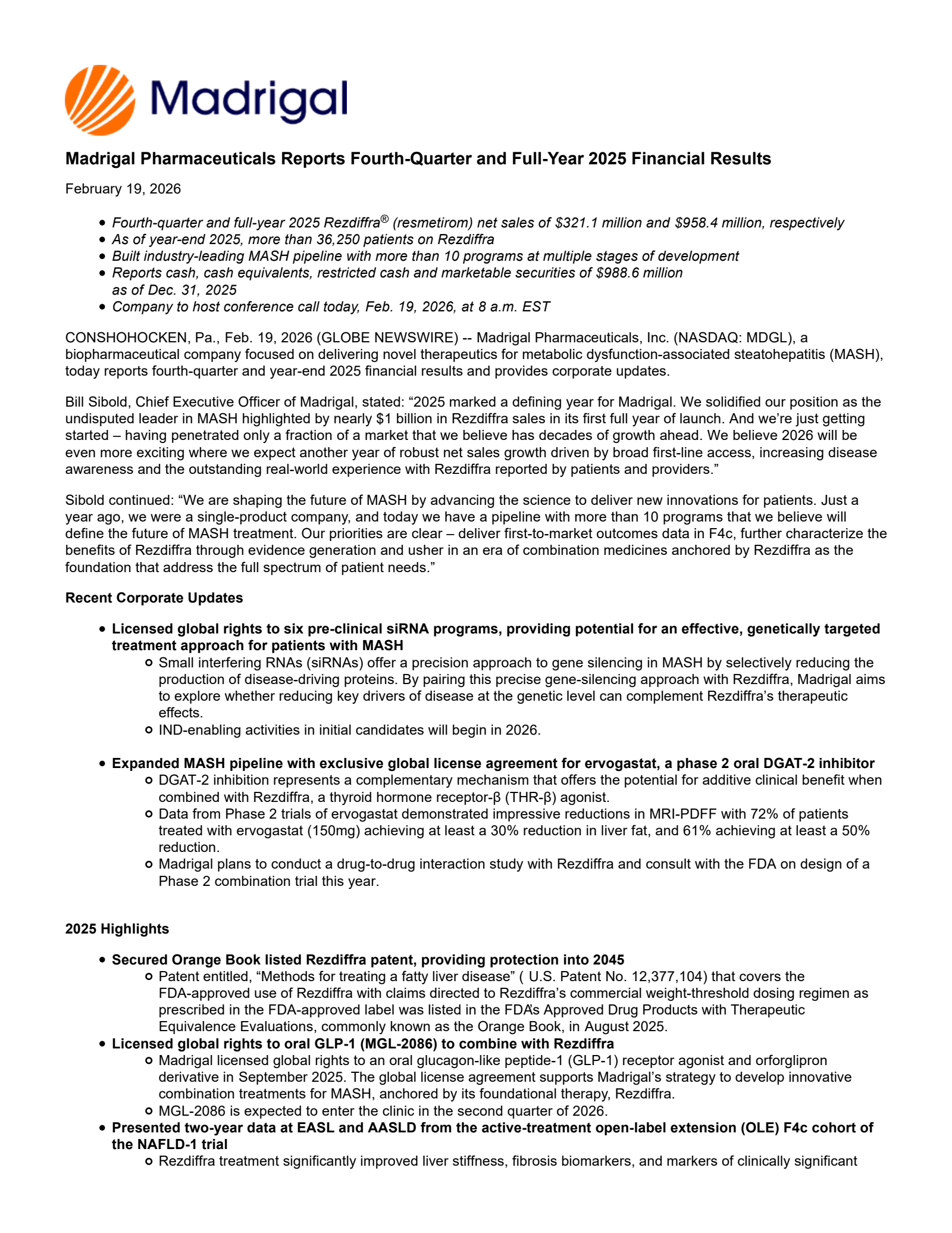Madrigal Pharmaceuticals' Q4 2025 Press Release