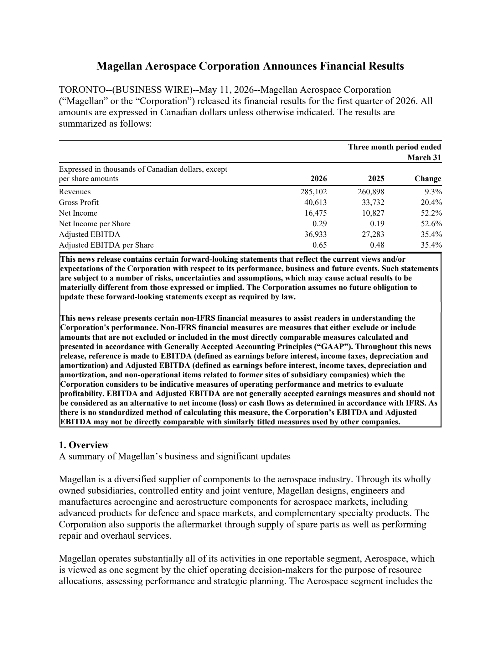Magellan Aerospace's Q1 2026 Press Release