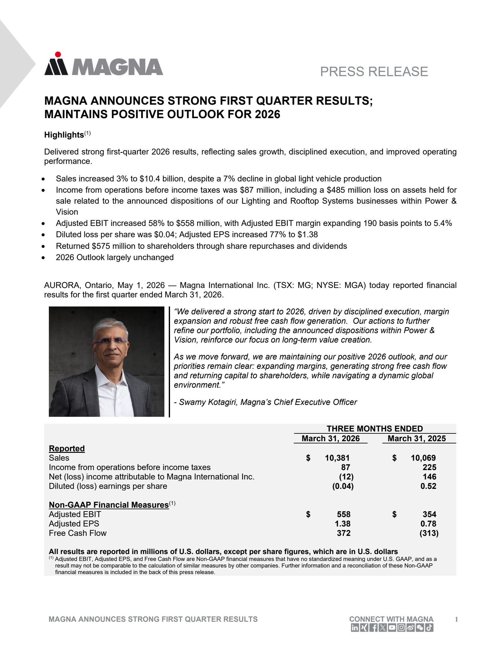 Magna International's Q1 2026 Press Release