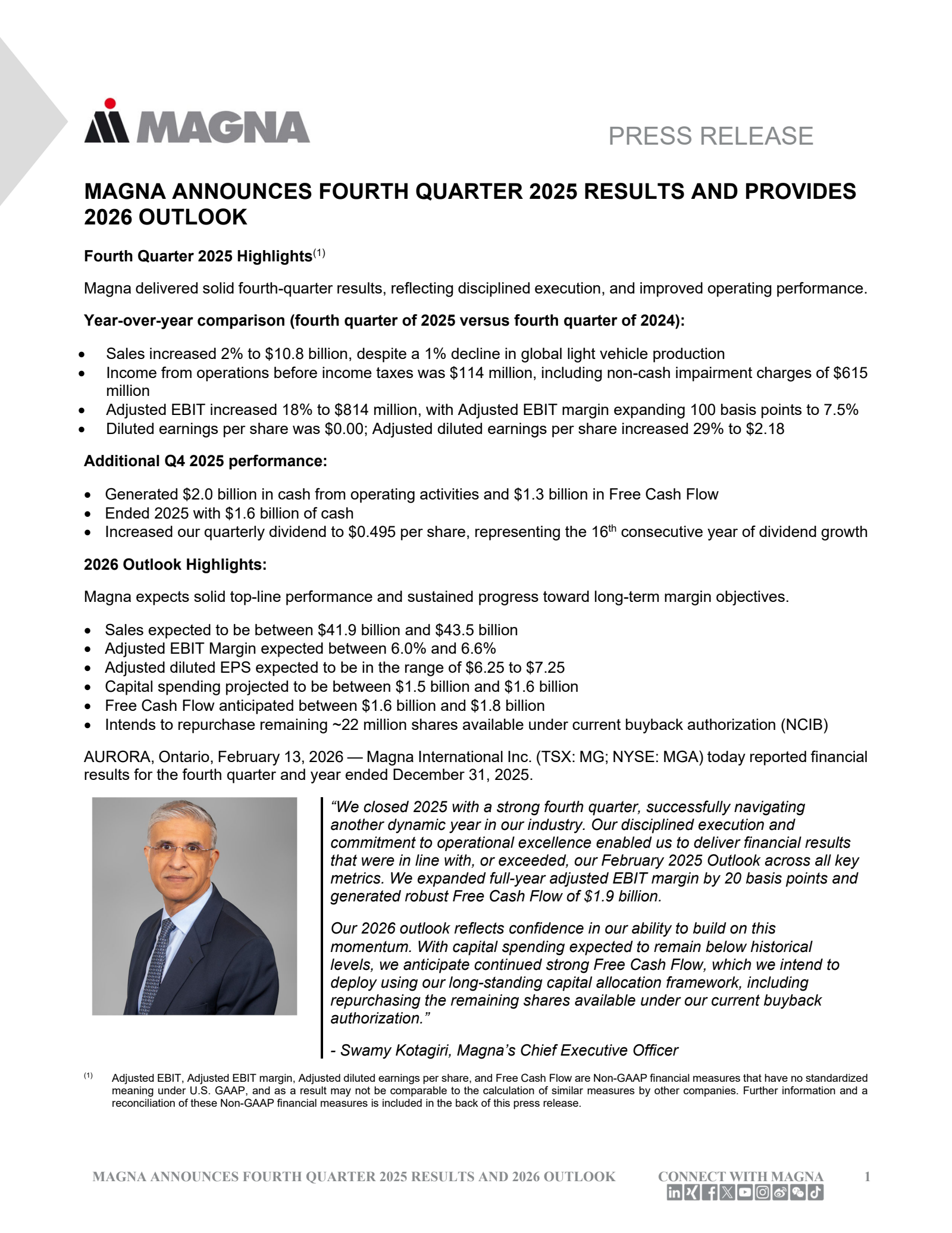 Magna International's Q4 2025 Press Release