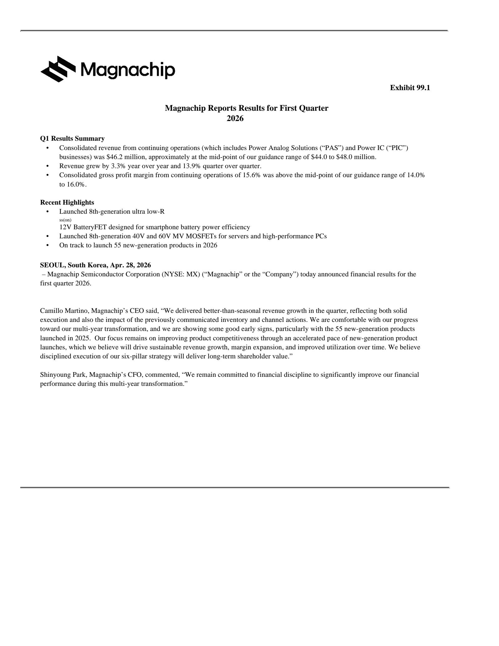 Magnachip Semiconductor's Q1 2026 Press Release