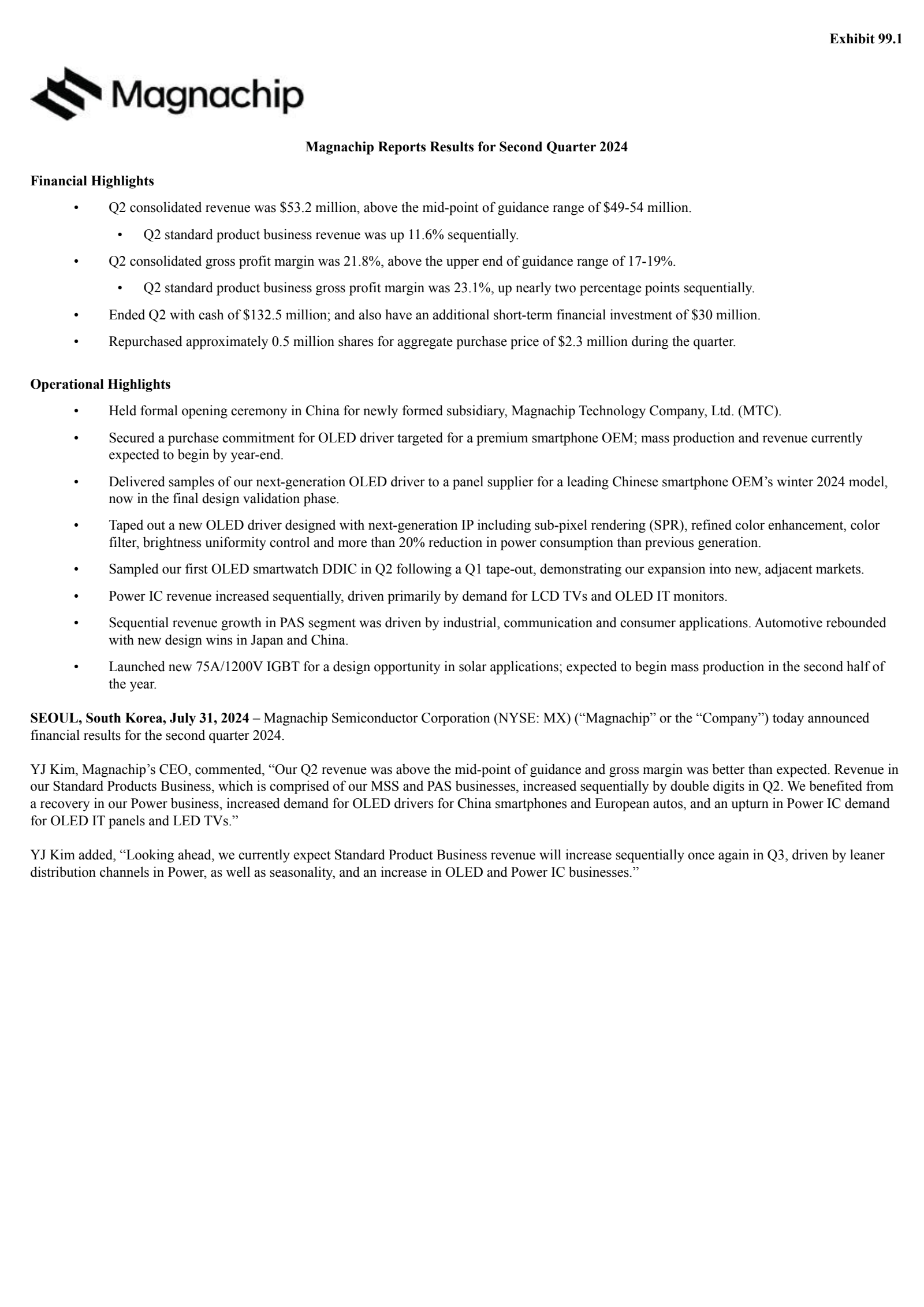 Magnachip Semiconductor's Q2 2024 Press Release