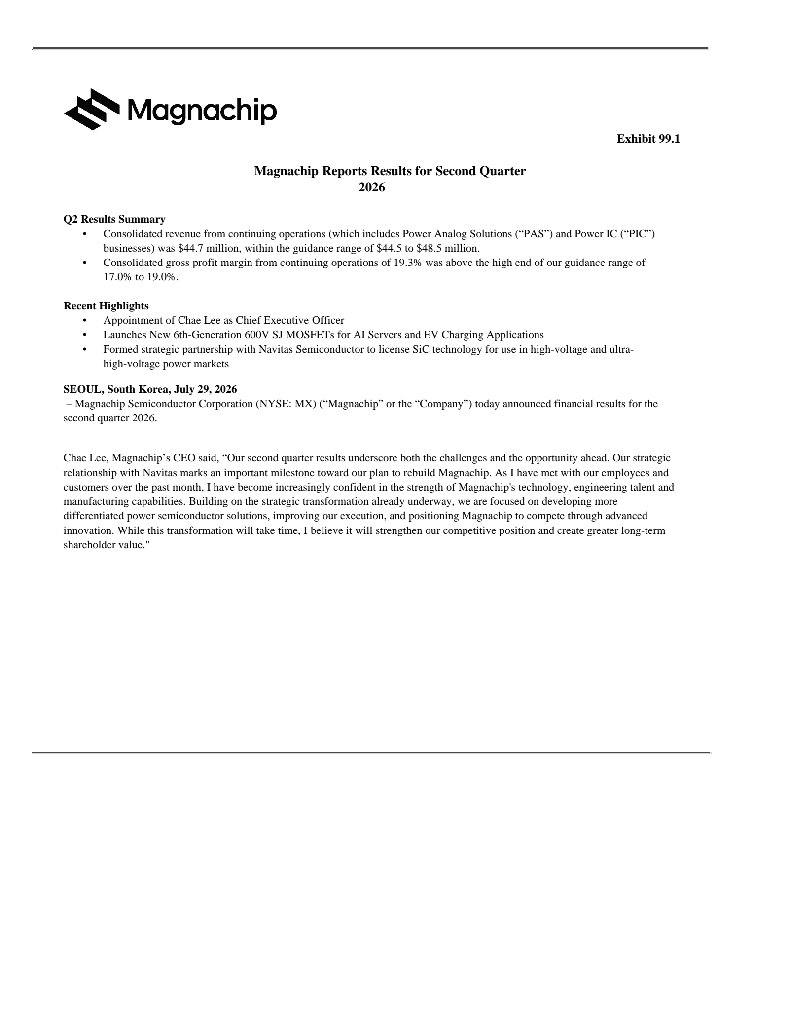 Magnachip Semiconductor's Q2 2026 Press Release