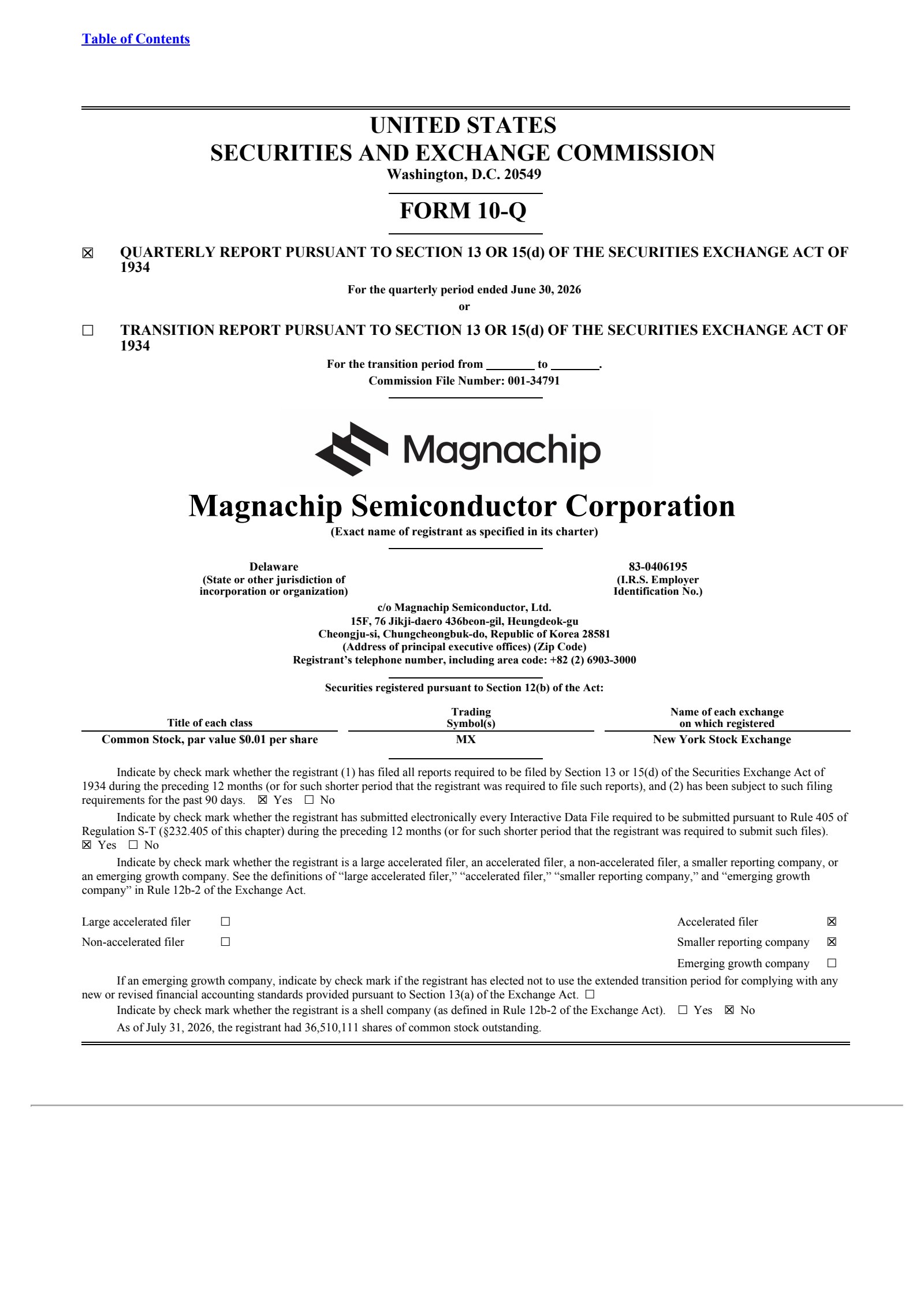Magnachip Semiconductor's Q2 2026 Quarterly report