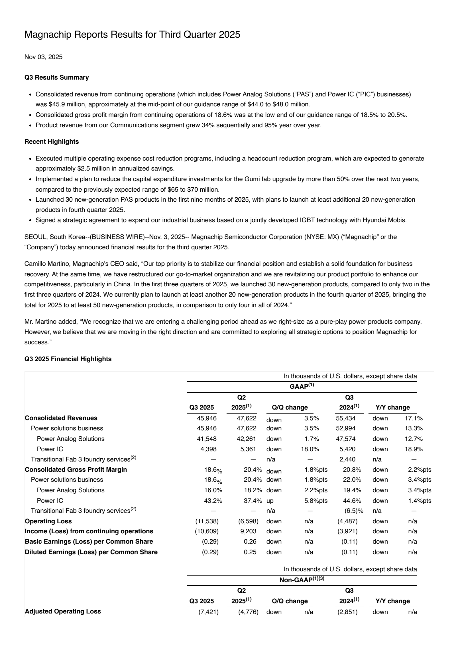 Magnachip Semiconductor's Q3 2025 Earnings Release